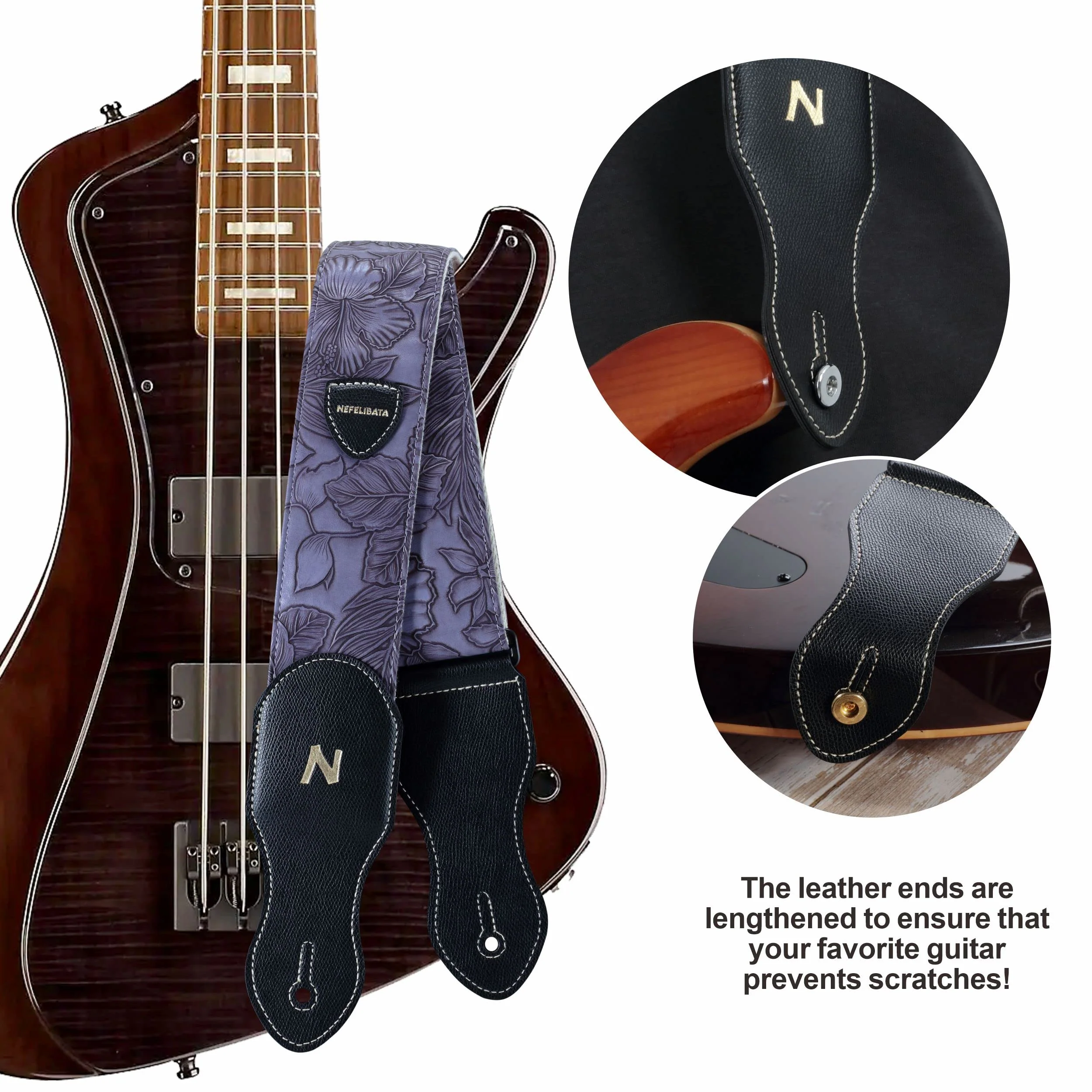 Nefelibata Guitar Strap with Pick Pocket,2.3 inch Porter Style Vegan Leather Carving Guitar Straps,60s Vintage Style (Purple) A# - Purple - Image 4
