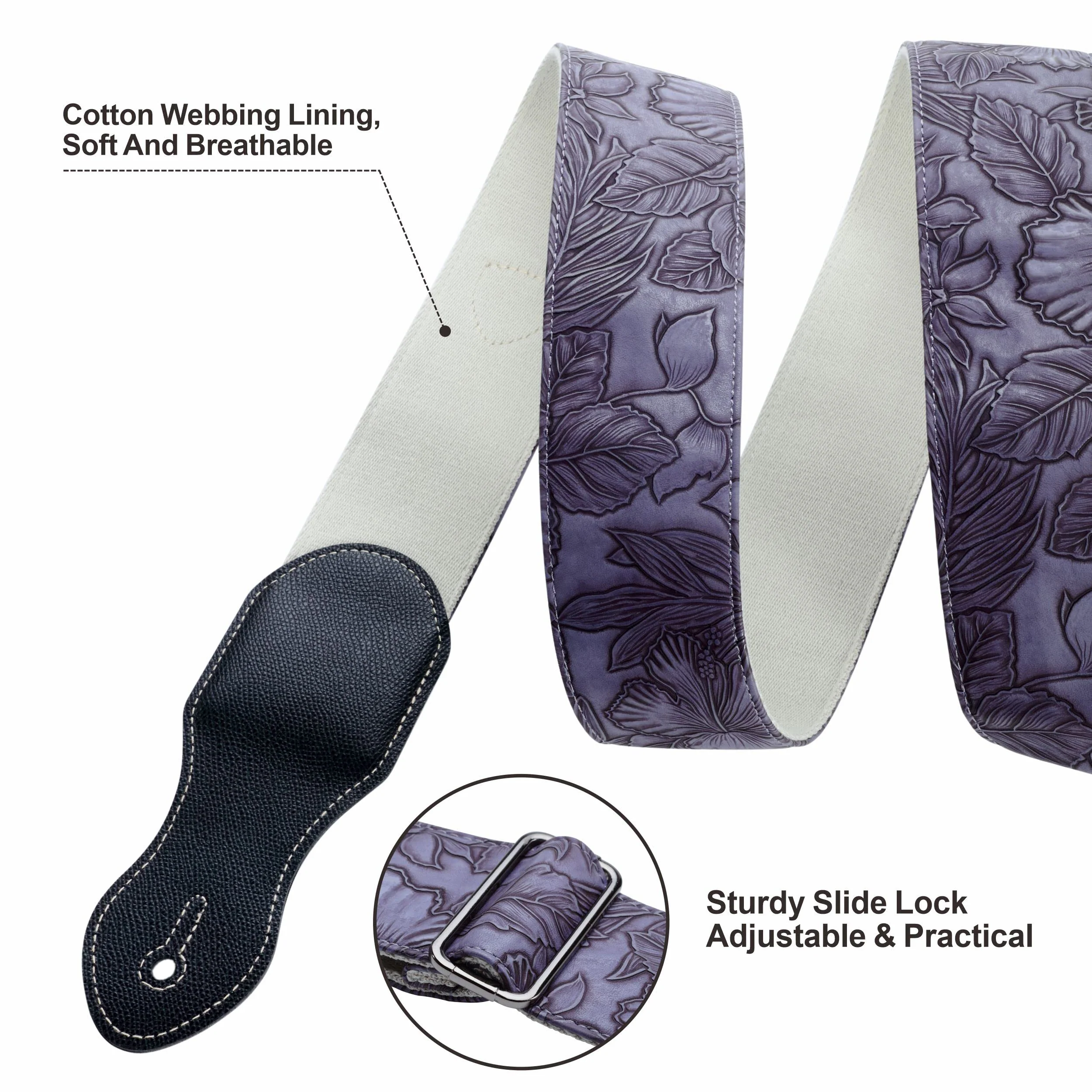 Nefelibata Guitar Strap with Pick Pocket,2.3 inch Porter Style Vegan Leather Carving Guitar Straps,60s Vintage Style (Purple) A# - Purple - Image 5