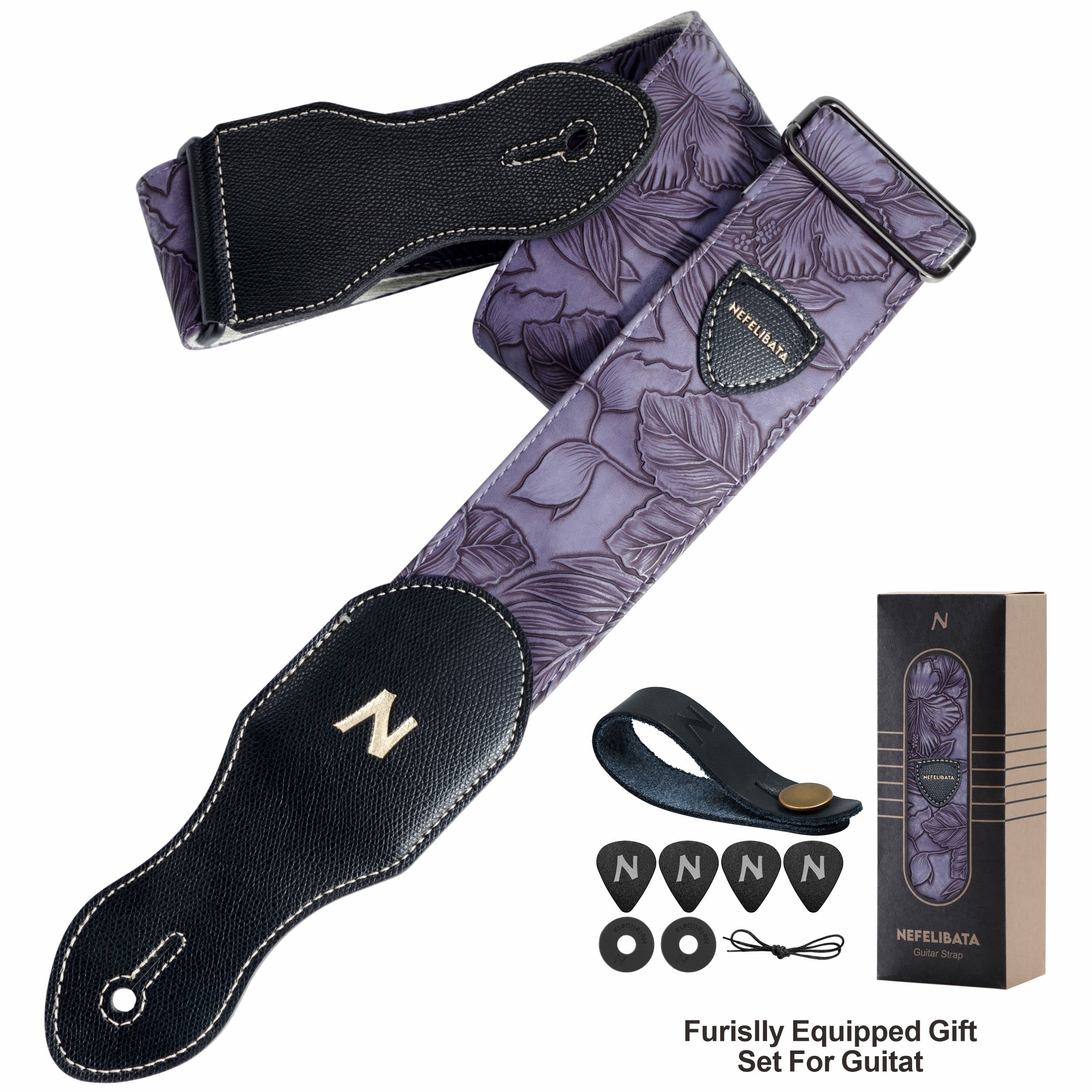 Nefelibata Guitar Strap with Pick Pocket,2.3 inch Porter Style Vegan Leather Carving Guitar Straps,60s Vintage Style (Purple) A# - Purple - Image 6