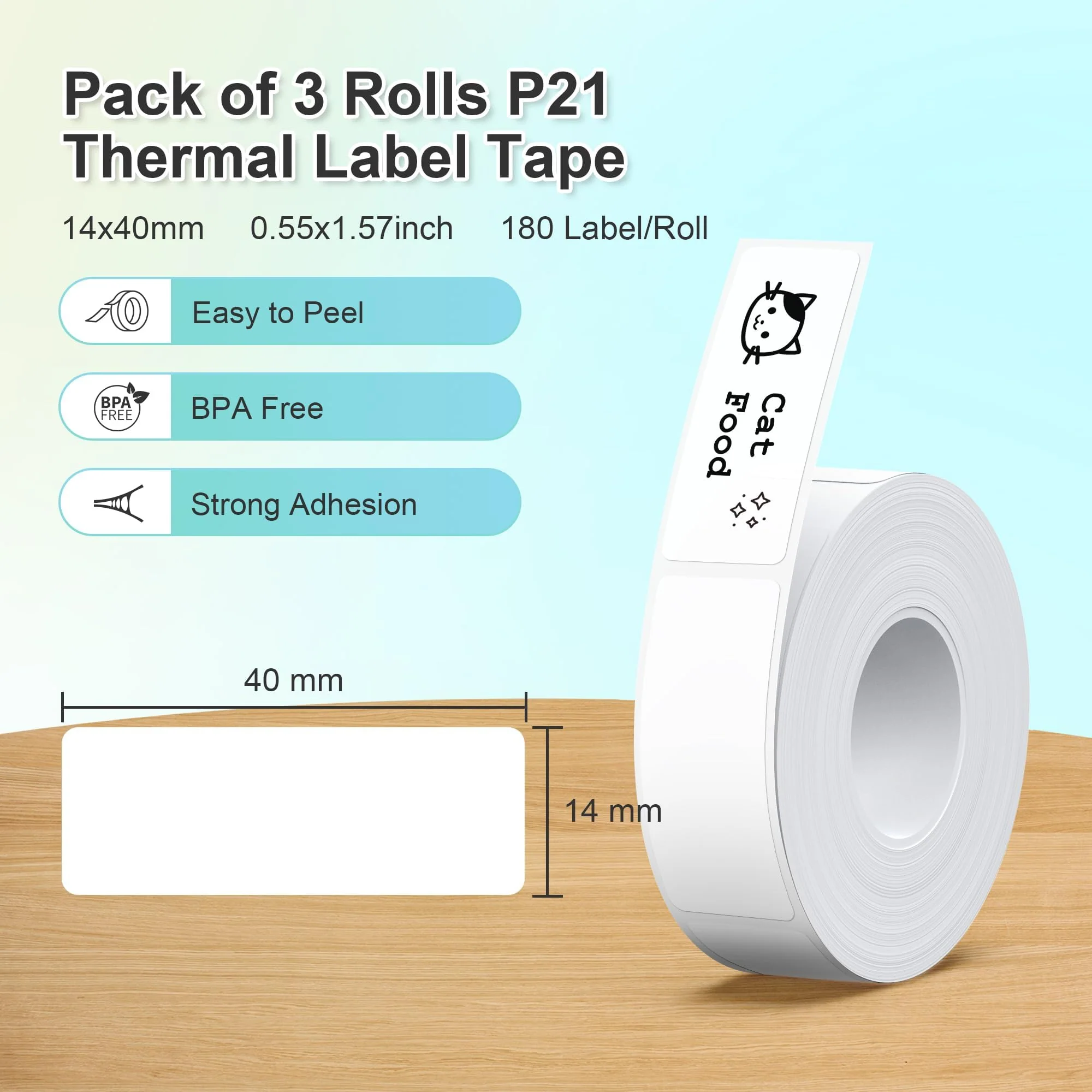 NELKO Genuine P21 Label Maker Tape, Adapted Label Print Paper, 14x40mm (0.55"x1.57"), Standard Laminated Office Labeling Tape Replacement, Multipurpose of P21, 180 Tapes/Roll, 3-Roll, White 0.55"x1.57"(14mmx40mm)-3 Rolls - Image 2