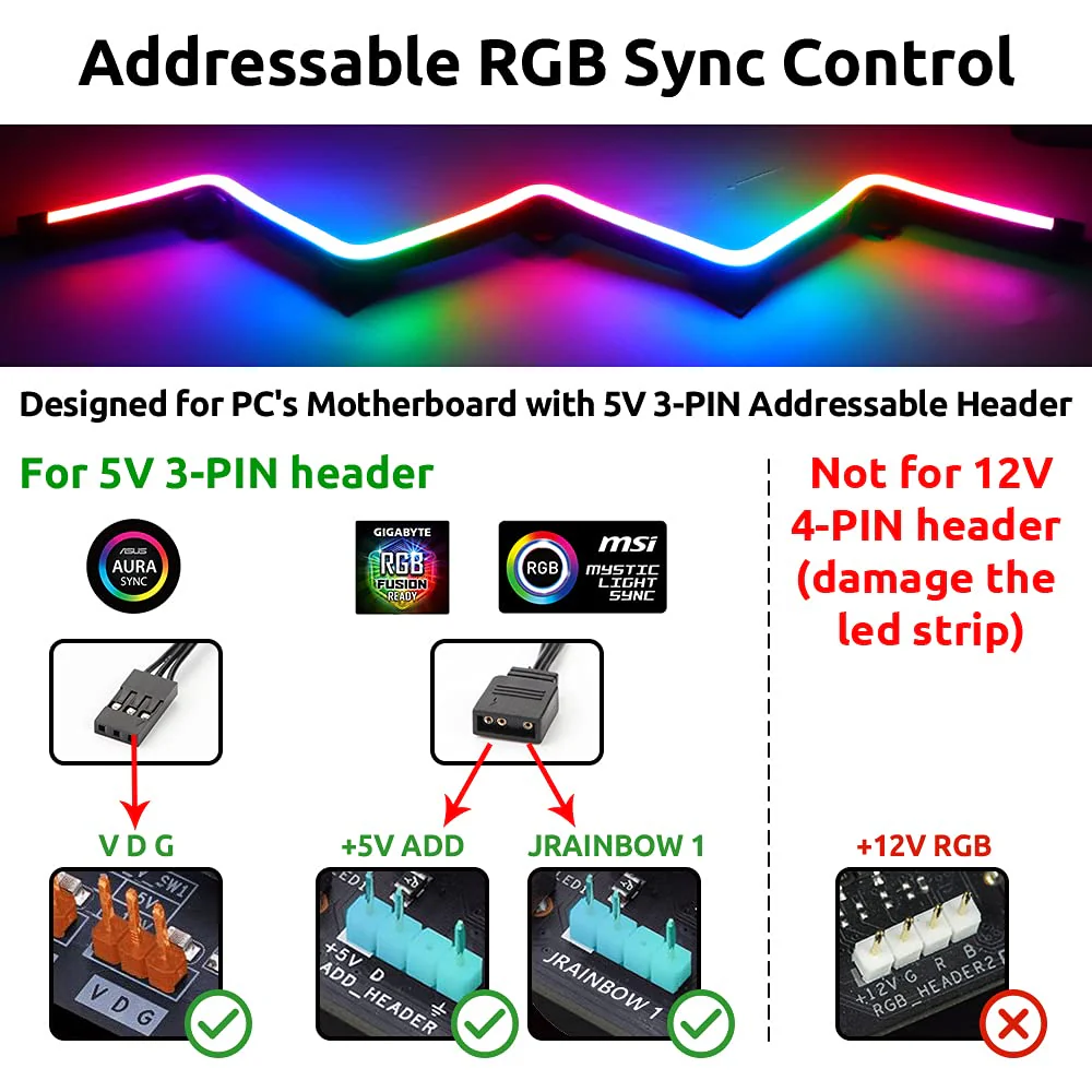 NEON Addressable RGB PC LED Strip, 2x15.7inch WS2812 RGB Rainbow Magnetic ARGB Strip for 5V 3-pin Aura SYNC, Gigabyte RGB Fusion, MSI Mystic Light Sync, with 12pcs Strong Magnetic Brackets Neon ARGB 2 Strips 5V 3 Pin - Image 5