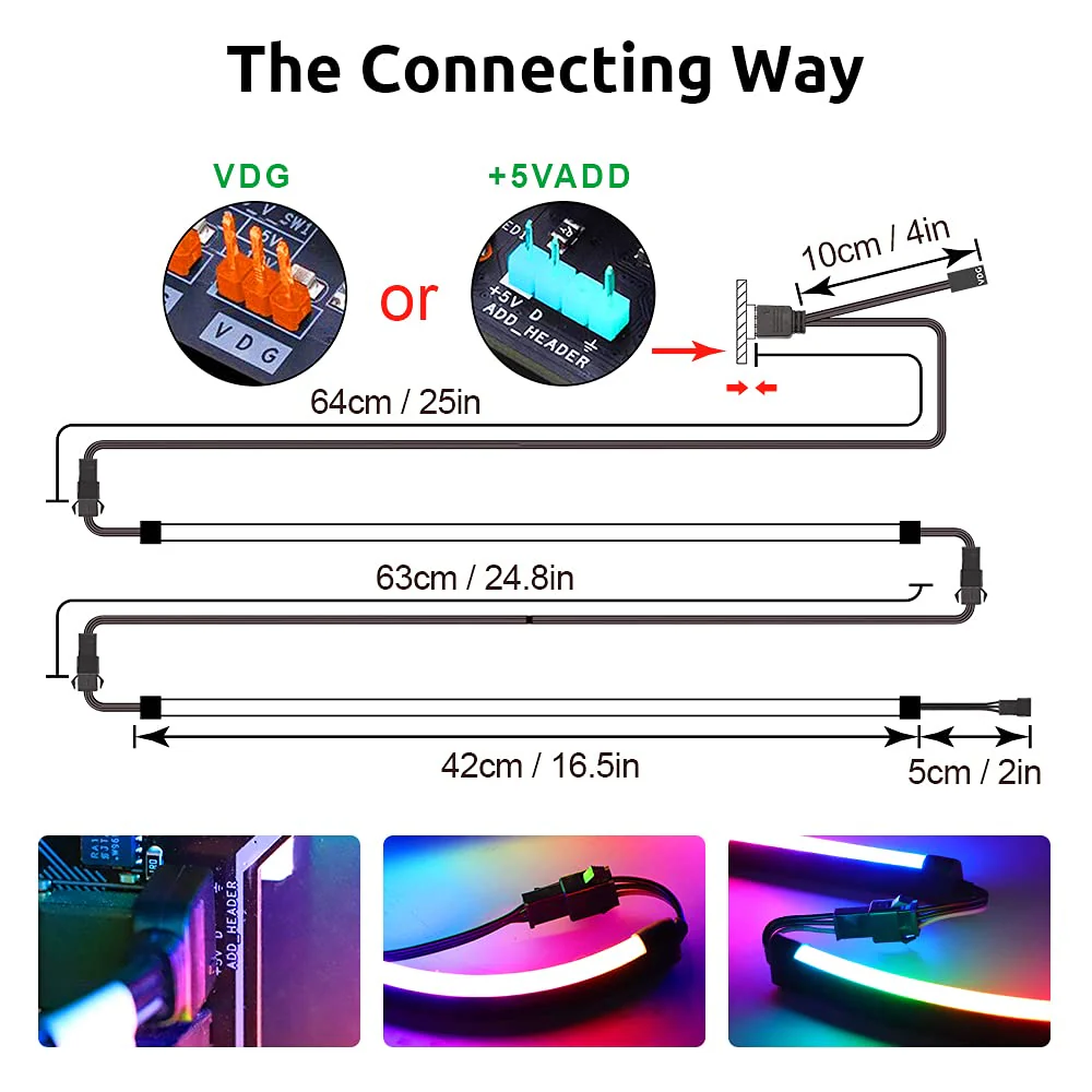 NEON Addressable RGB PC LED Strip, 2x15.7inch WS2812 RGB Rainbow Magnetic ARGB Strip for 5V 3-pin Aura SYNC, Gigabyte RGB Fusion, MSI Mystic Light Sync, with 12pcs Strong Magnetic Brackets Neon ARGB 2 Strips 5V 3 Pin - Image 6