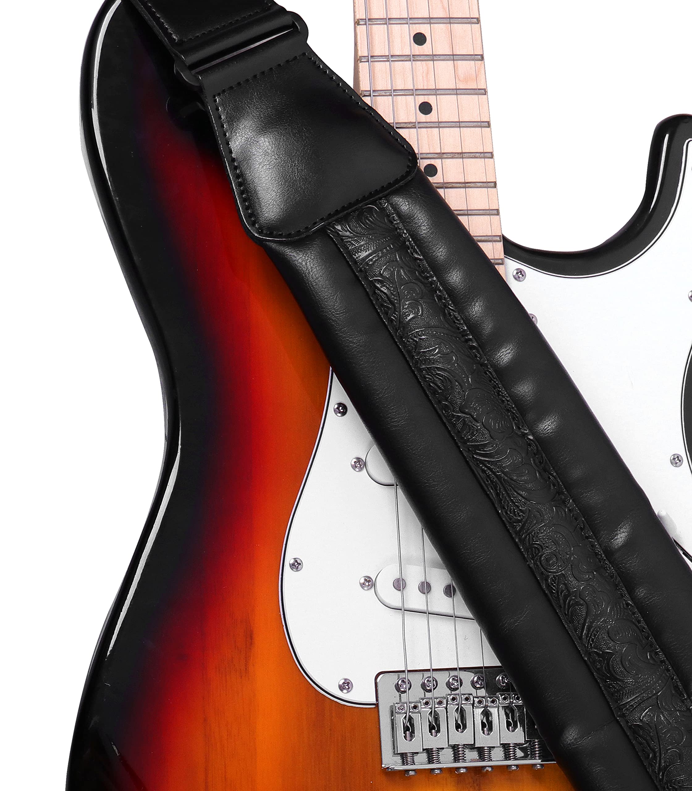 Neoprene Guitar Strap 3.4'' With Carbon Buckle, Leather Top & Back Soft For Bass, Electric Acoustic Guitar Black - Image 2
