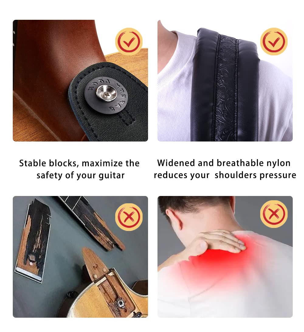 Neoprene Guitar Strap 3.4'' With Carbon Buckle, Leather Top & Back Soft For Bass, Electric Acoustic Guitar Black - Image 4