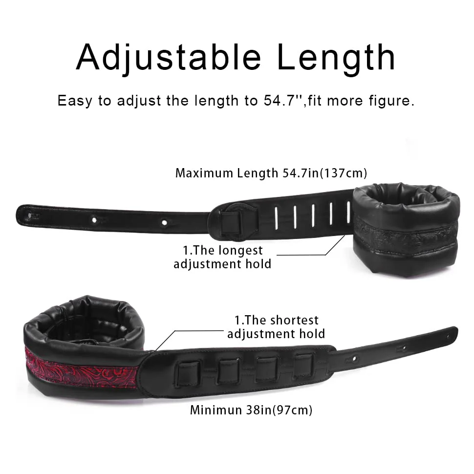 Neoprene Guitar Strap 3.4'' With Carbon Buckle, Leather Top & Back Soft For Bass, Electric Acoustic Guitar Black - Image 5