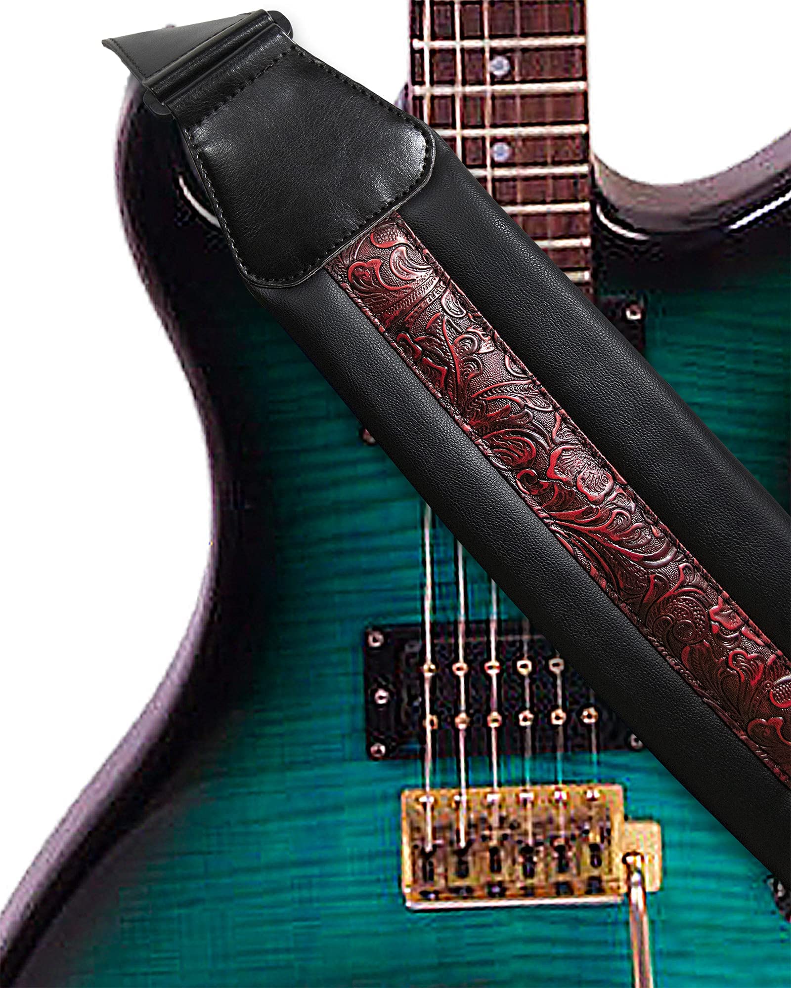 Neoprene Leather Guitar Strap 3.4'' With Carbon Buckle, Leather Top & Back Soft For Bass, Electric Acoustic Guitar Red - Image 2