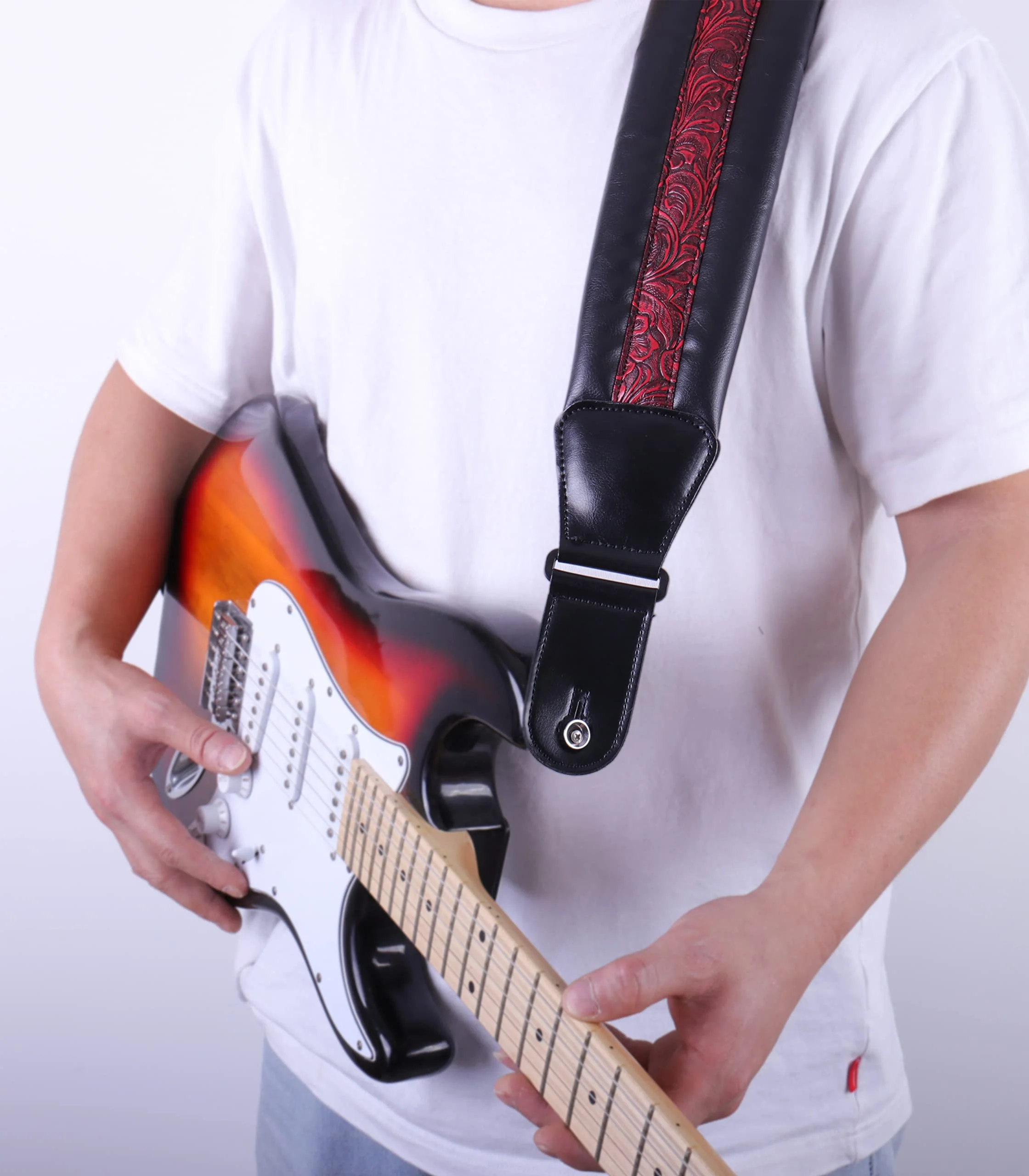 Neoprene Leather Guitar Strap 3.4'' With Carbon Buckle, Leather Top & Back Soft For Bass, Electric Acoustic Guitar Red - Image 3