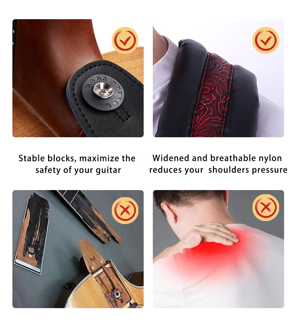 Neoprene Leather Guitar Strap 3.4'' With Carbon Buckle, Leather Top & Back Soft For Bass, Electric Acoustic Guitar Red - Image 4