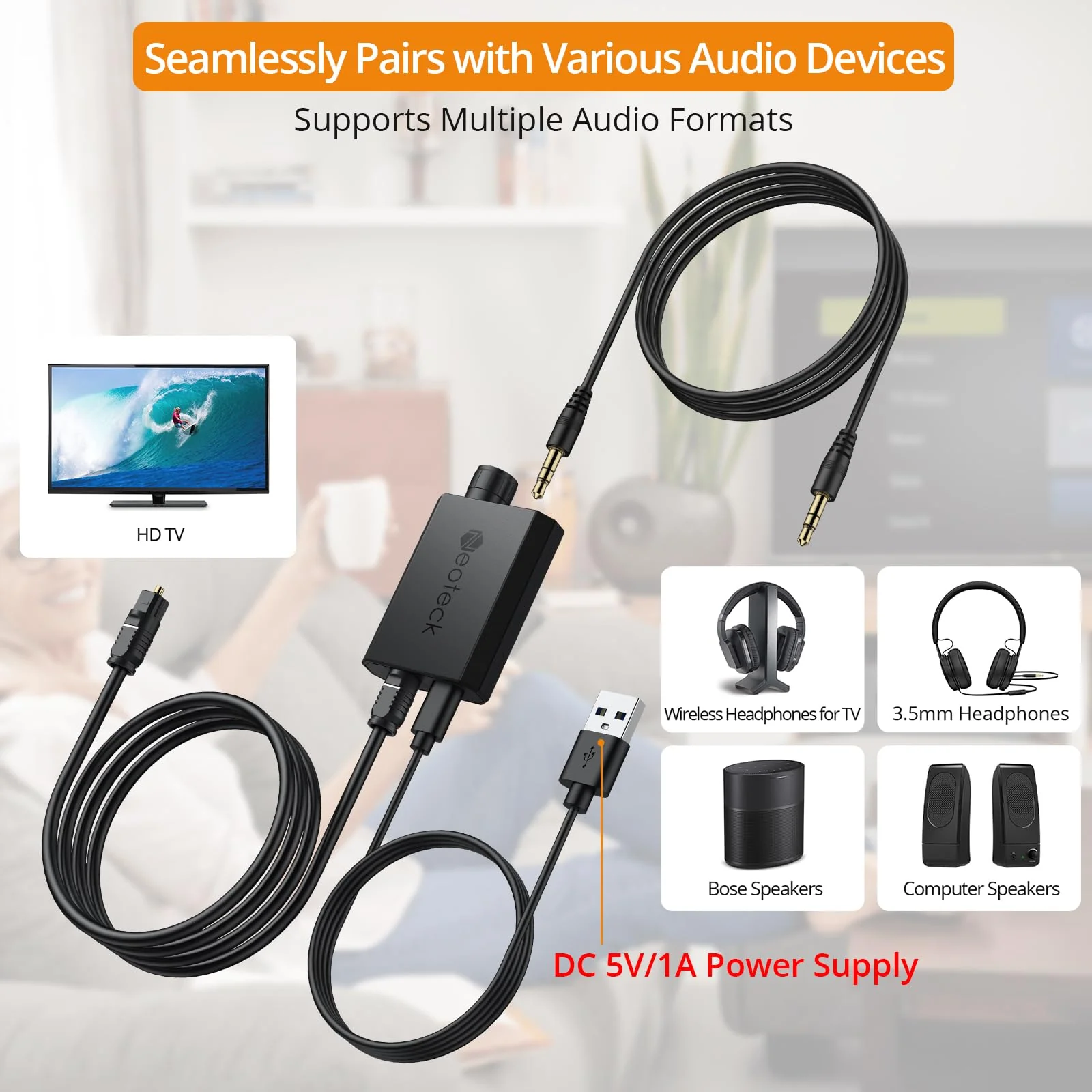 Neoteck 192kHz Digital to Analog Converter with Volume Adjustment,Optical to 3.5mm Converter with Built-in Amplifier Chipset DAC Converter Compatible for 3.5mm Headphones, Computer Speaker and etc. - Image 4