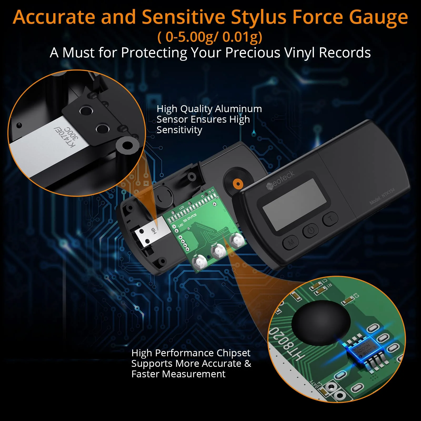 Neoteck Digital Turntable Stylus Force Scale Gauge 0.01g/5.00g Orange LCD Backlight for Tonearm Phono Cartridge-Jet Black Jet Black - Image 2