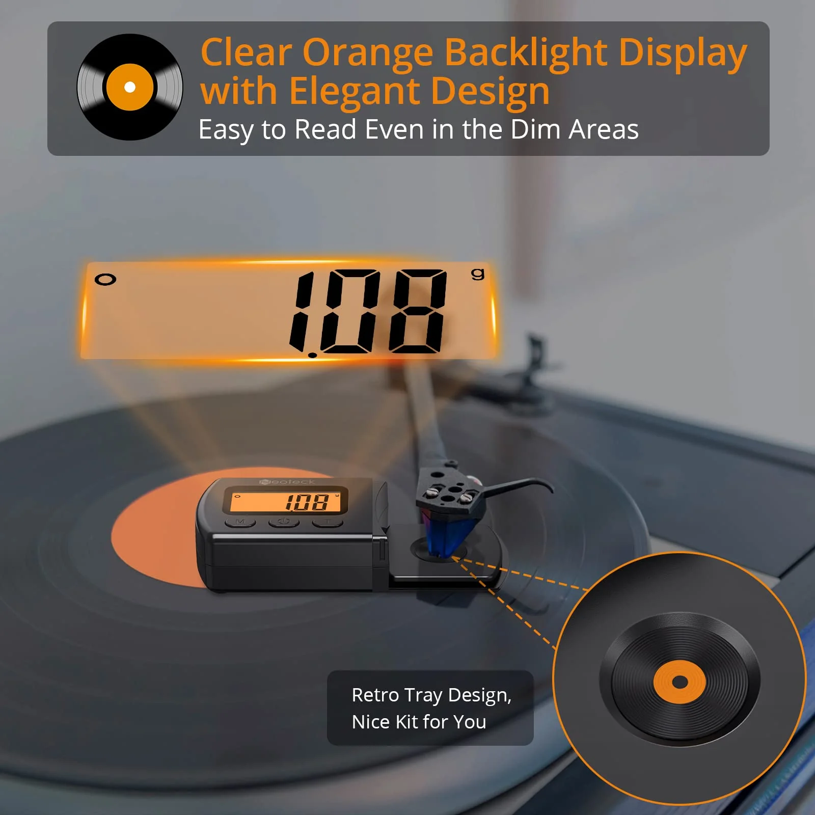 Neoteck Digital Turntable Stylus Force Scale Gauge 0.01g/5.00g Orange LCD Backlight for Tonearm Phono Cartridge-Jet Black Jet Black - Image 3
