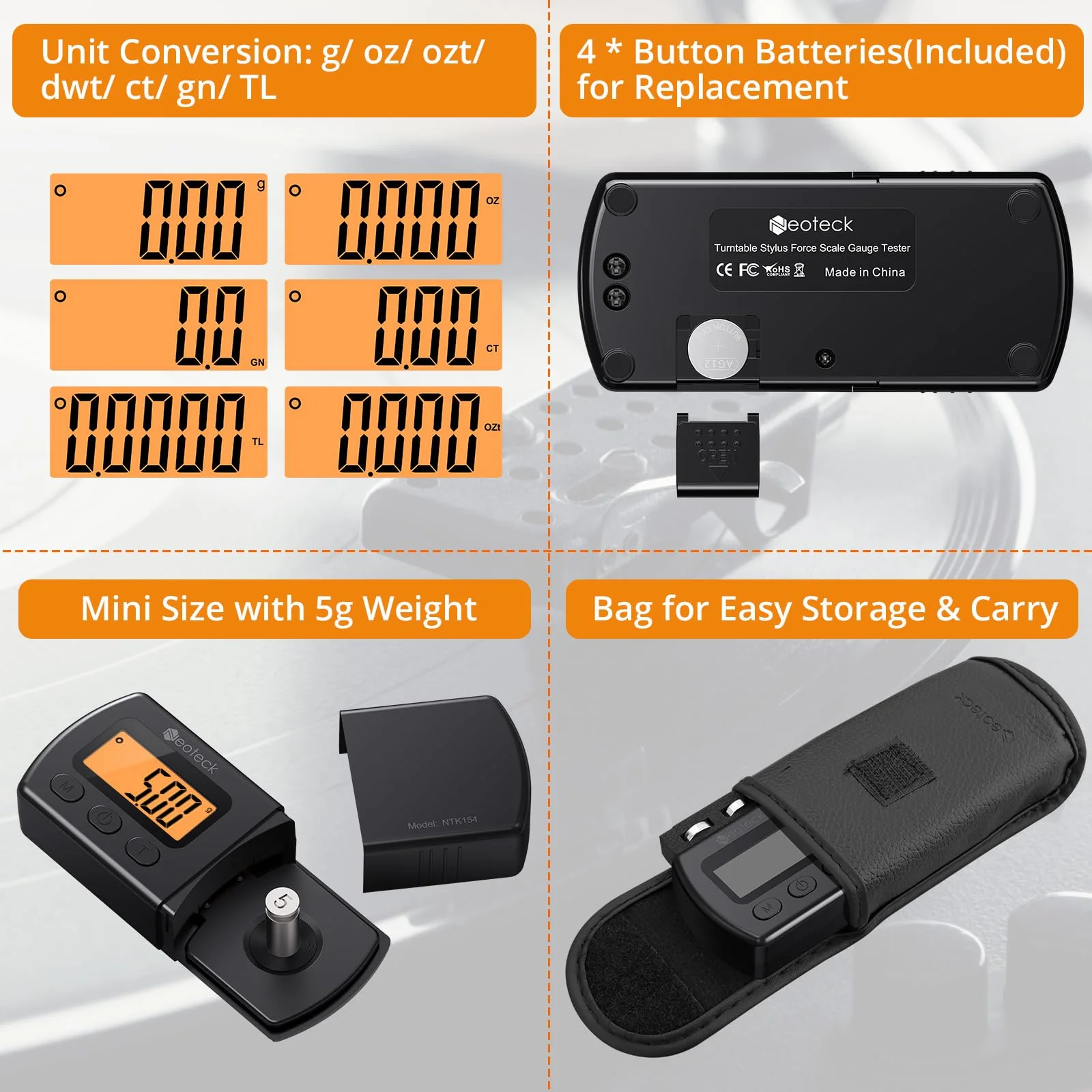 Neoteck Digital Turntable Stylus Force Scale Gauge 0.01g/5.00g Orange LCD Backlight for Tonearm Phono Cartridge-Jet Black Jet Black - Image 4