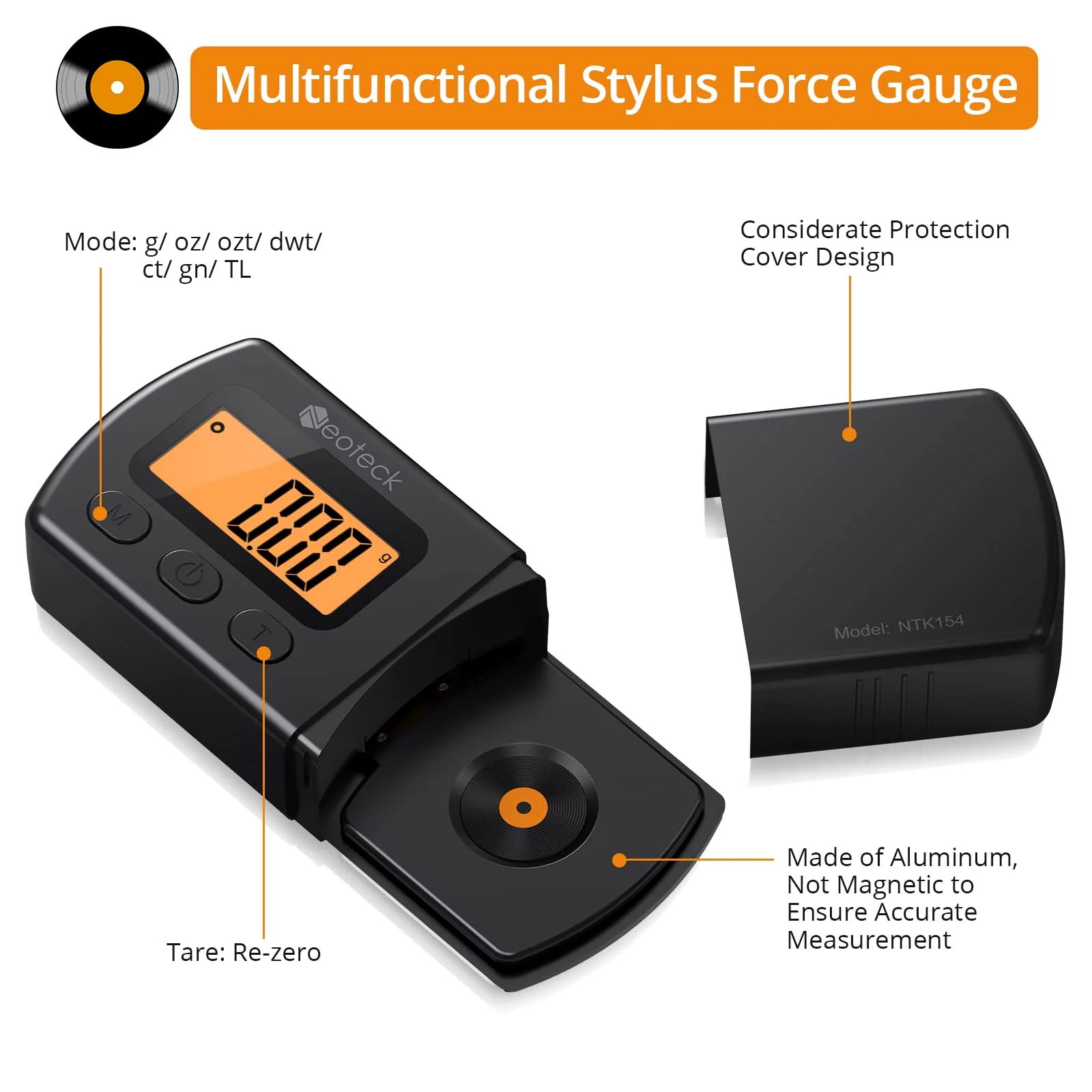 Neoteck Digital Turntable Stylus Force Scale Gauge 0.01g/5.00g Orange LCD Backlight for Tonearm Phono Cartridge-Jet Black Jet Black - Image 6