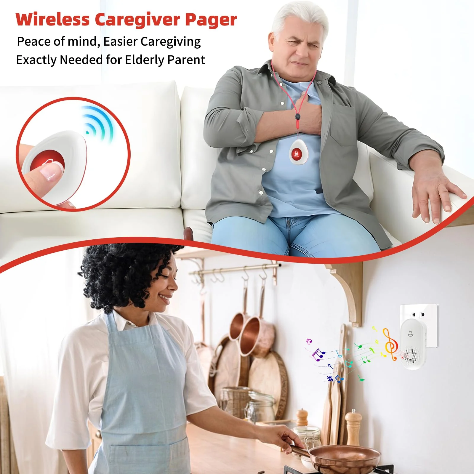 Nestling® Wireless Caregiver Pager SOS Call Button for Elderly Monitoring, Emergency Alert System Call Bell for Nurse Patient Disabled 1 Waterproof Transmitter & 1 Plugin Receiver - Image 2