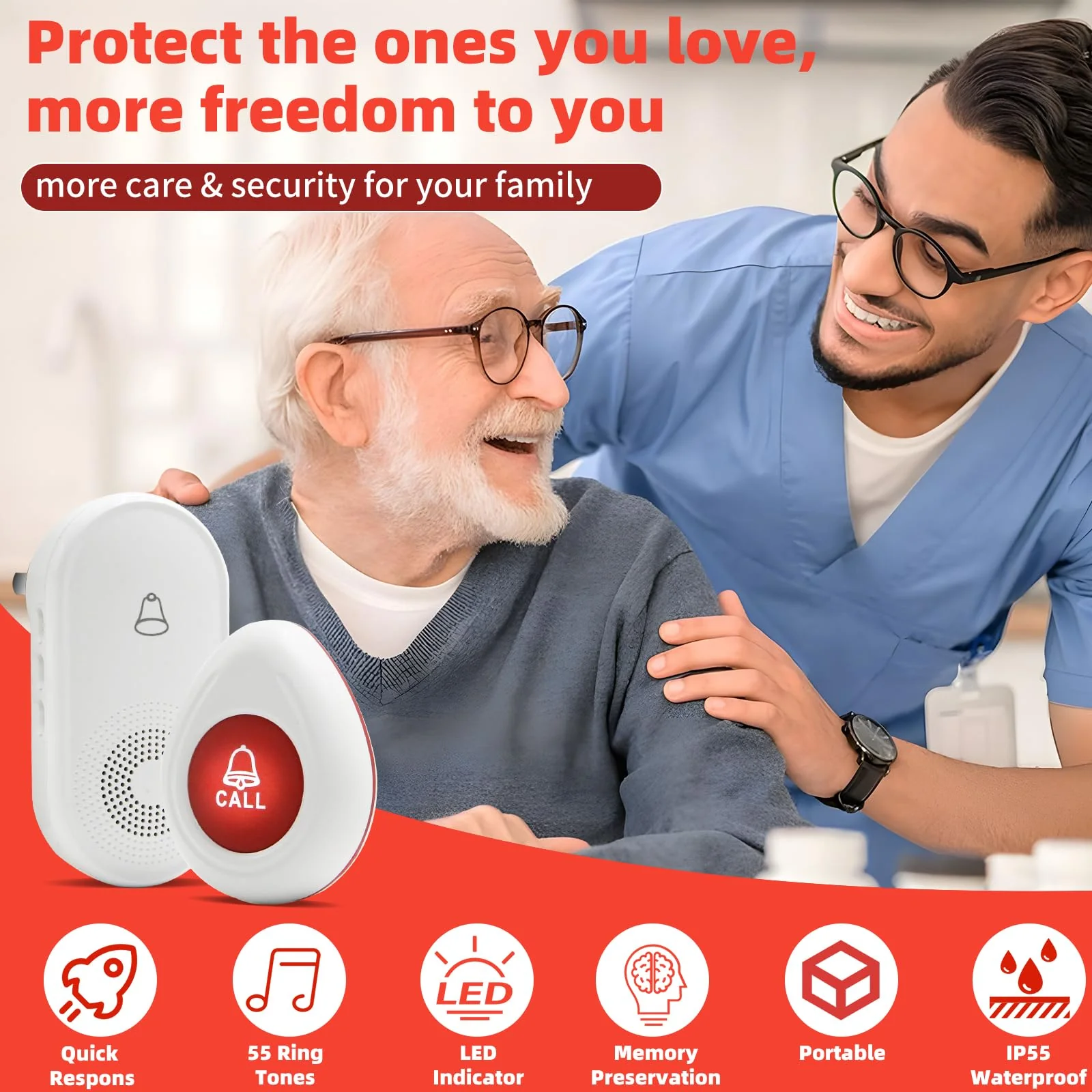 Nestling® Wireless Caregiver Pager SOS Call Button for Elderly Monitoring, Emergency Alert System Call Bell for Nurse Patient Disabled 1 Waterproof Transmitter & 1 Plugin Receiver - Image 3