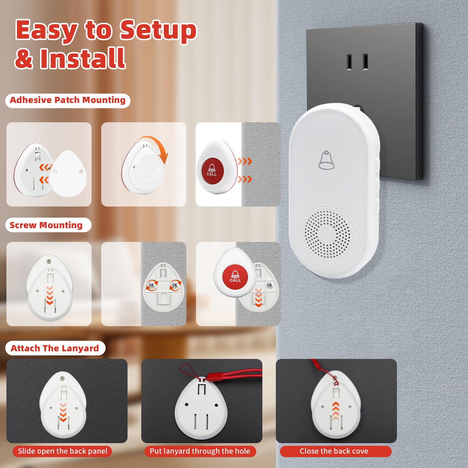 Nestling® Wireless Caregiver Pager SOS Call Button for Elderly Monitoring, Emergency Alert System Call Bell for Nurse Patient Disabled 1 Waterproof Transmitter & 1 Plugin Receiver - Image 7