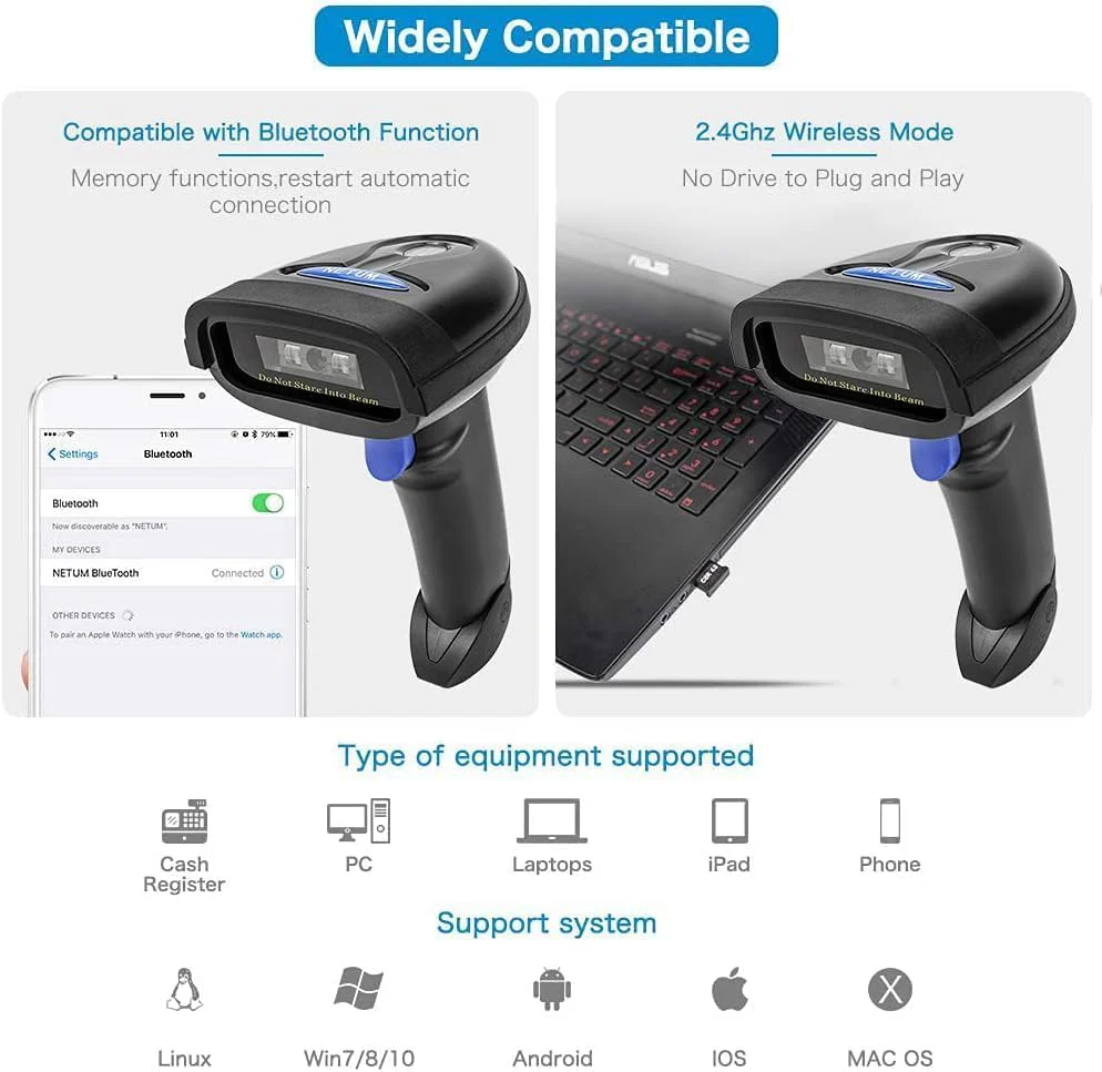 NETUM Bluetooth Barcode Scanner, Compatible with 2.4G Wireless & Bluetooth Function & Wired Connection, Connect Smart Phone, Tablet, PC, CCD Bar Code Reader Work with Windows, Mac,Android (NT-1228BC) NT-1228BC - Image 5