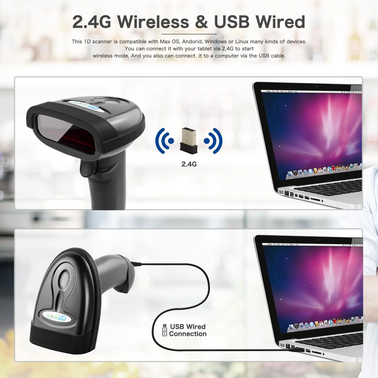 NETUM Wireless Barcode Scanner, 2 in 1 2.4G Wireless & USB Wired 1D Laser Barcode Reader Handheld Bar Code Reader Cordless Rechargeable Bar Code Scanner for Computer MAC Laptop (NT-1698W) NT-1698W - Image 3