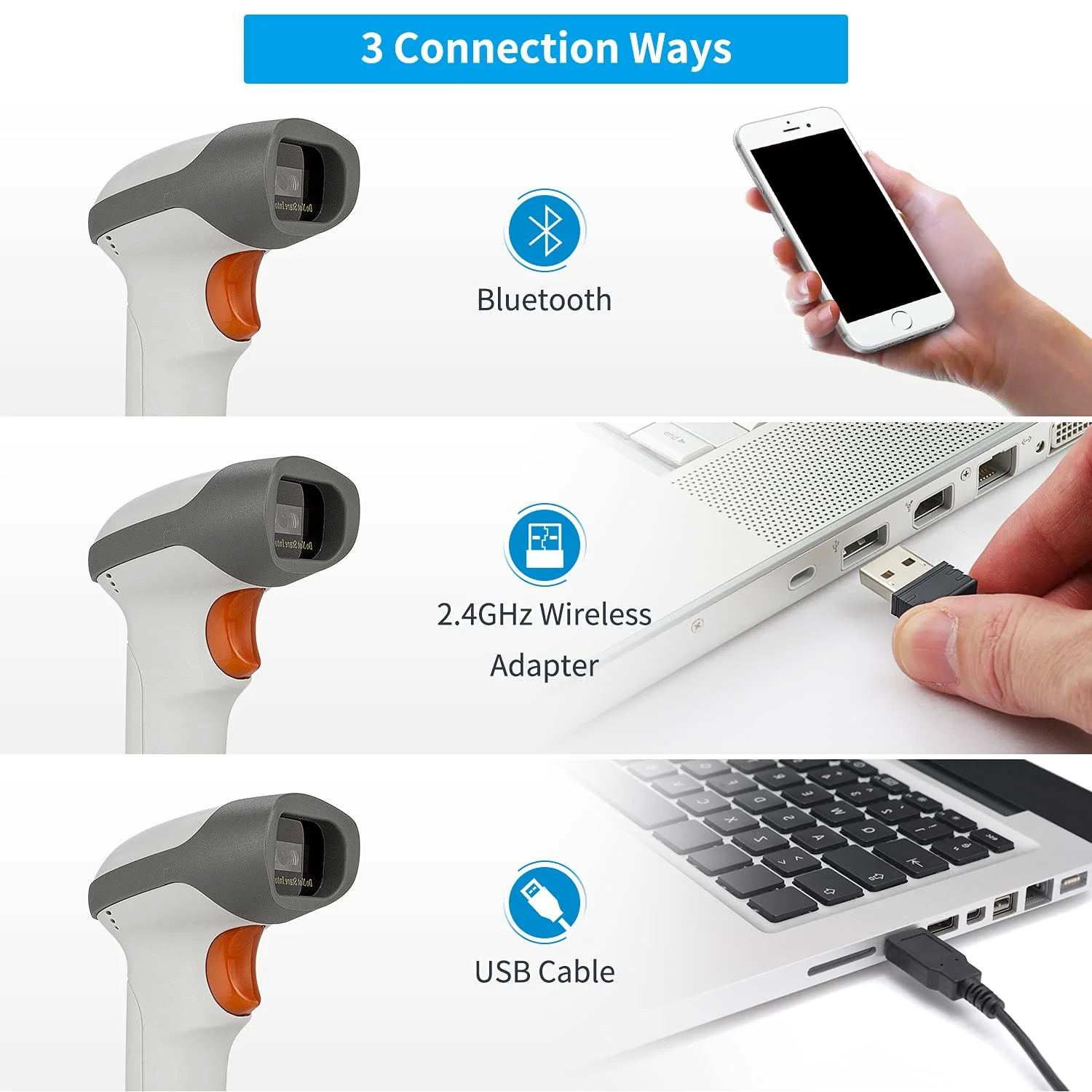 NetumScan Bluetooth 2D Barcode Scanner, 3 in 1 Automatic Wireless QR Barcode Reader USB Image Code Scanner for Store, Warehouse POS, Computer, Tablet, iPad, iPhone, Android 1D & 2D Scanner - Image 2