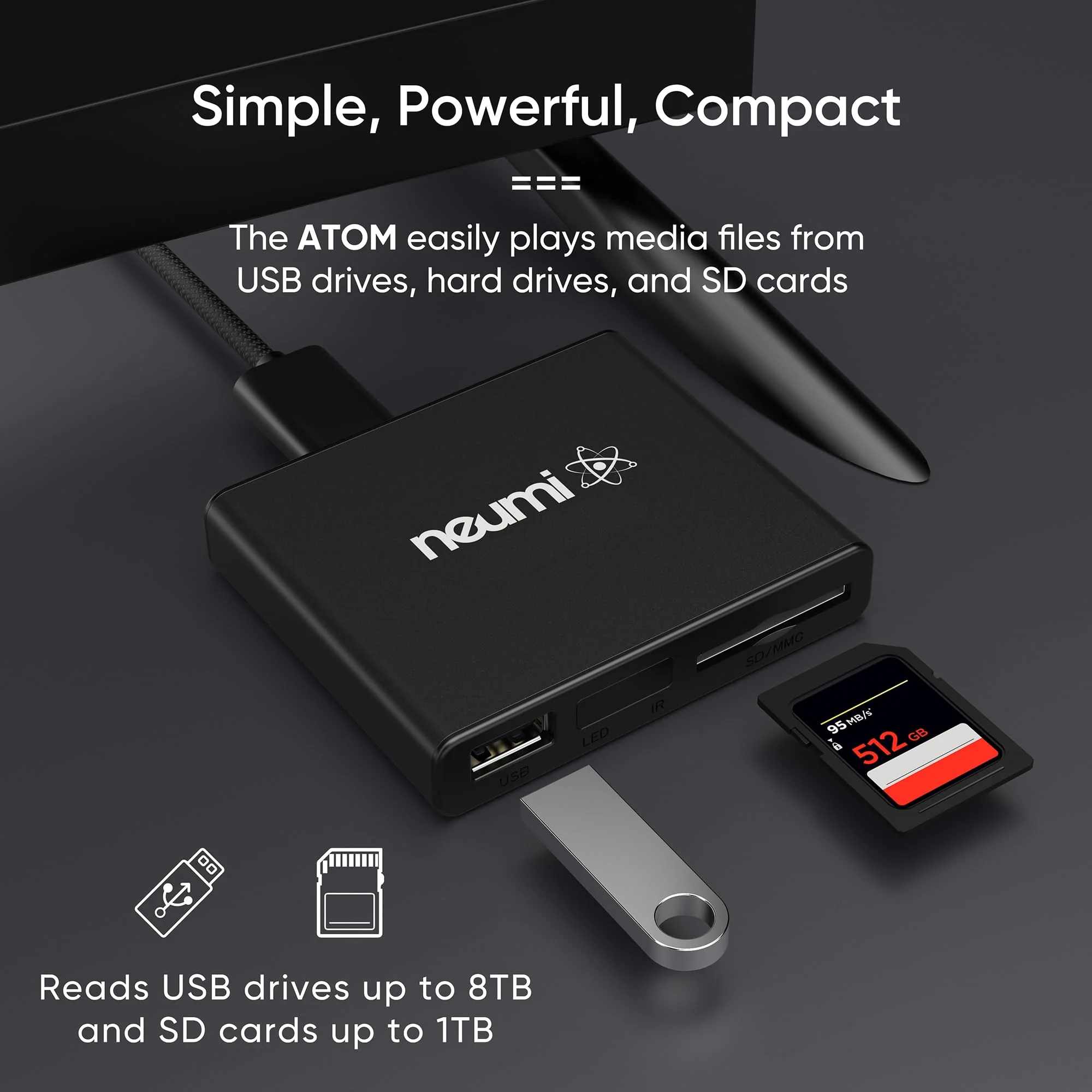 NEUMI Atom 1080P Full-HD Digital Media Player for USB Drives and SD Cards, HEVC/H.265, HDMI and Analog AV, Automatic Playback, Looping, Trigger Capability - Image 2