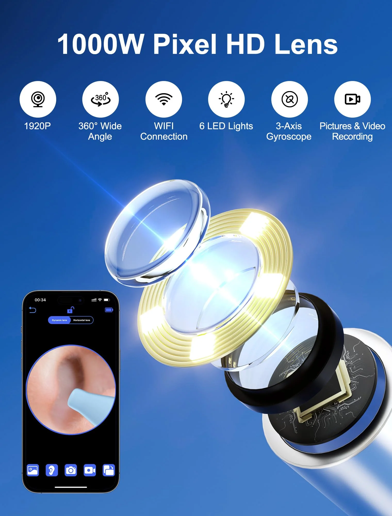 NEUTYPECHIC Ear Wax Remover Otoscope Wifi Ear Cleaner Camera HD Wireless Waterproof Ear Mirror 360° Wide Angle Ear Cleaner with 3.5 mm Lens and 6 LEDs for iPhone, iPad and Android Smartphones - Image 2