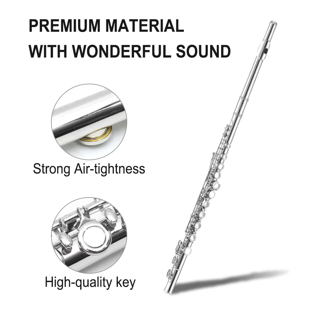 New 16 Hole C key Flute with Gloves Cleaning Rod Case Closed hole Nickel Silver Flute instrument (#silver) #silver - Image 2