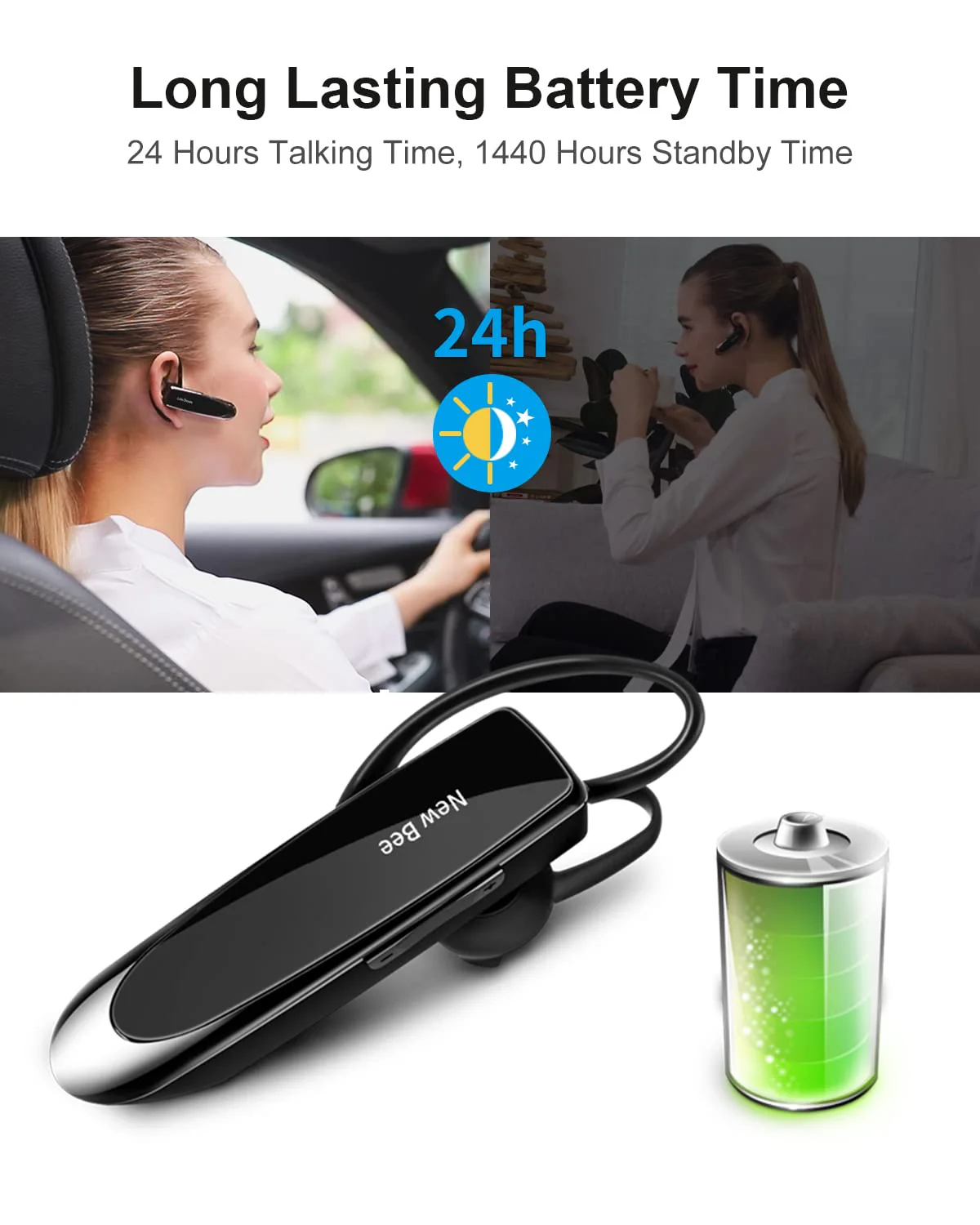 New Bee Bluetooth Earpiece V5.0 Wireless Handsfree Headset with Microphone 24 Hrs Driving Headset 60 Days Standby Time for iPhone Android Samsung Laptop Trucker Driver (Black) Black - Image 3