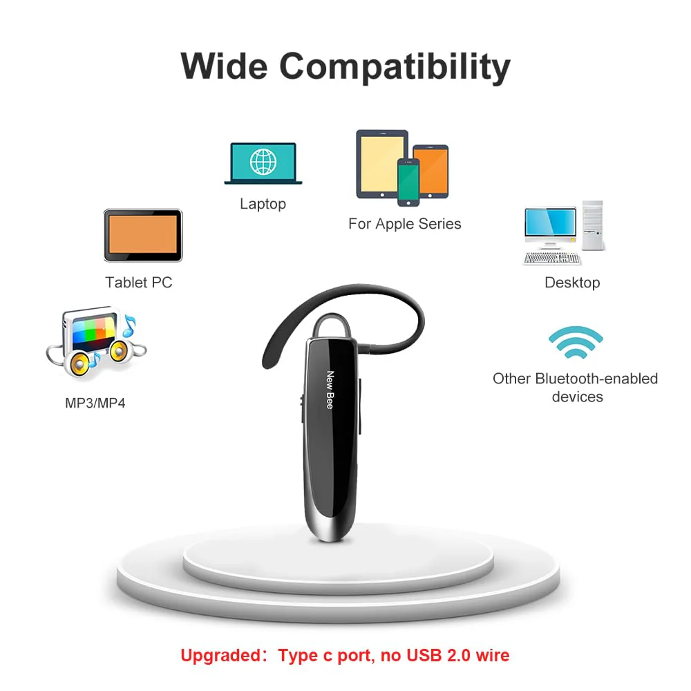 New Bee Bluetooth Earpiece V5.0 Wireless Handsfree Headset with Microphone 24 Hrs Driving Headset 60 Days Standby Time for iPhone Android Samsung Laptop Trucker Driver (Black) Black - Image 5