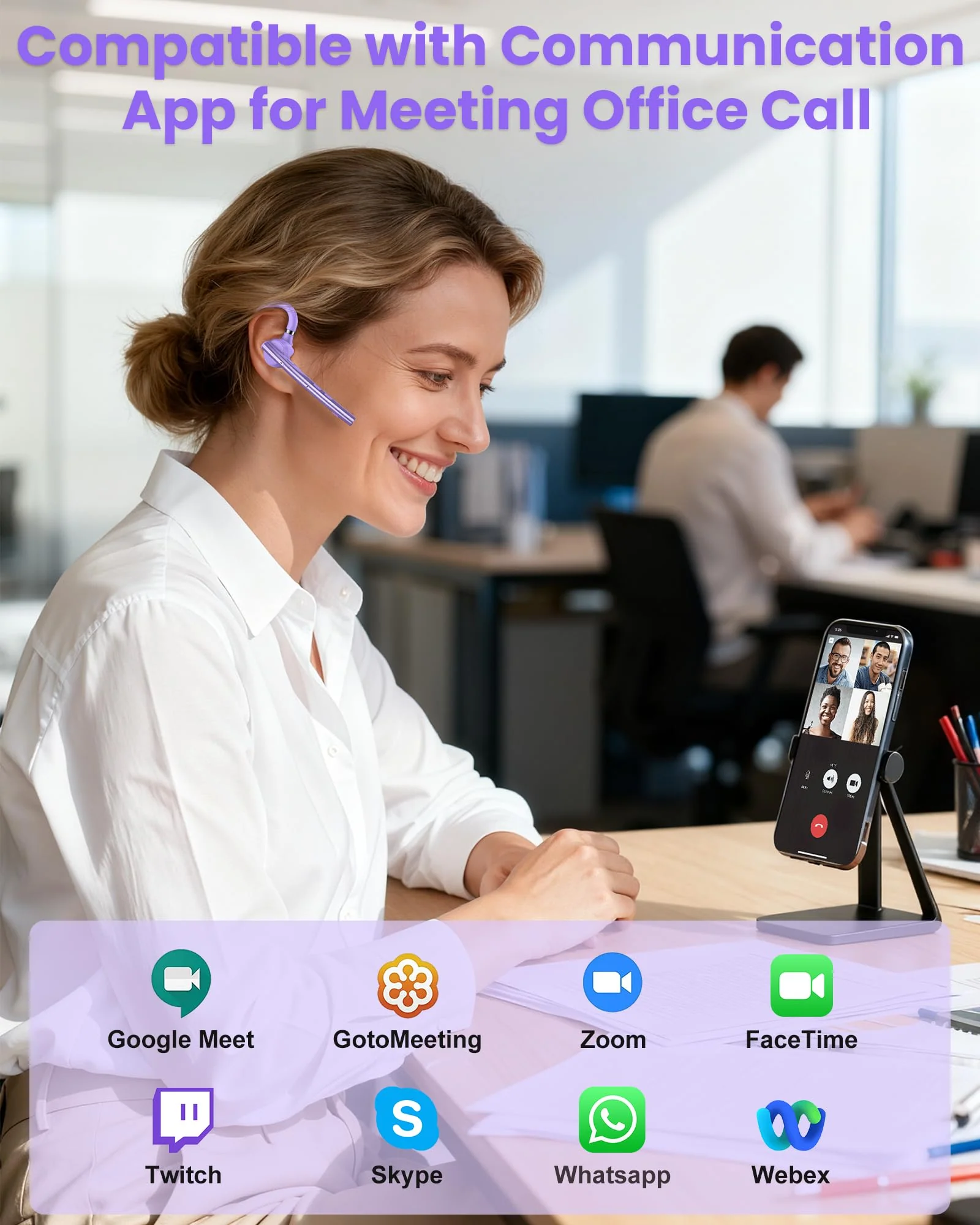 New Bee Bluetooth Headset V5.1 72H Talk Dual Mic with Mute Button for Business, Wireless Hand-Free Bluetooth Earpiece with 500mAh Charging Case for Cell Phone Calls Trucker Driver Purple M54 - Image 3