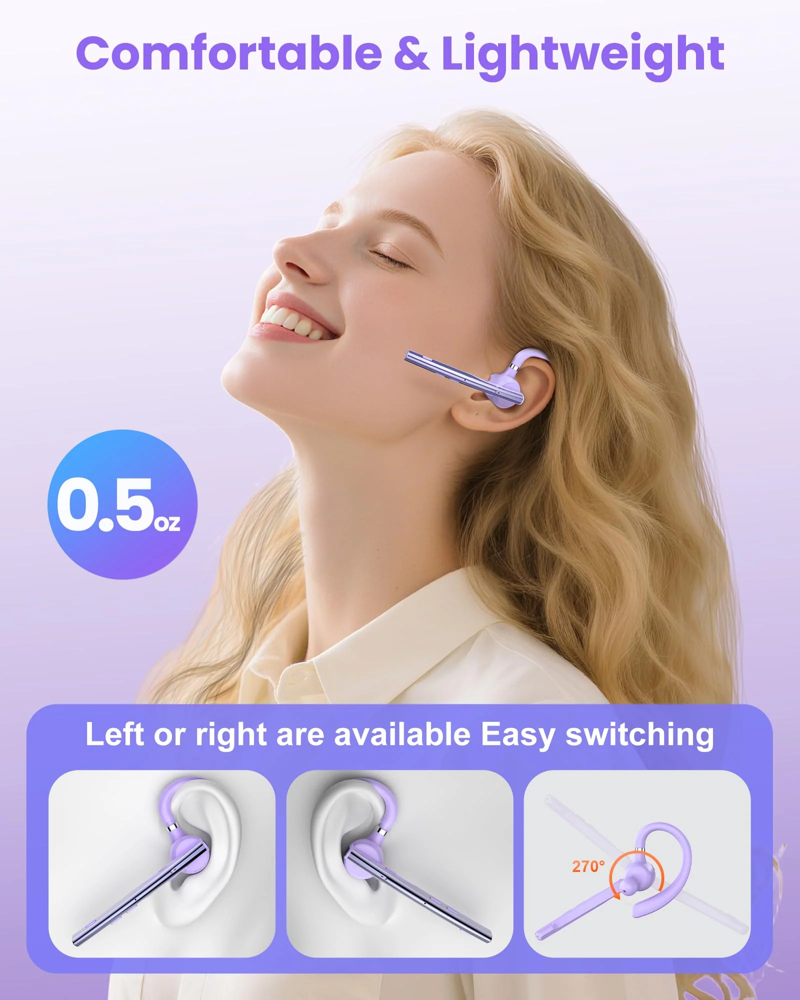 New Bee Bluetooth Headset V5.1 72H Talk Dual Mic with Mute Button for Business, Wireless Hand-Free Bluetooth Earpiece with 500mAh Charging Case for Cell Phone Calls Trucker Driver Purple M54 - Image 4
