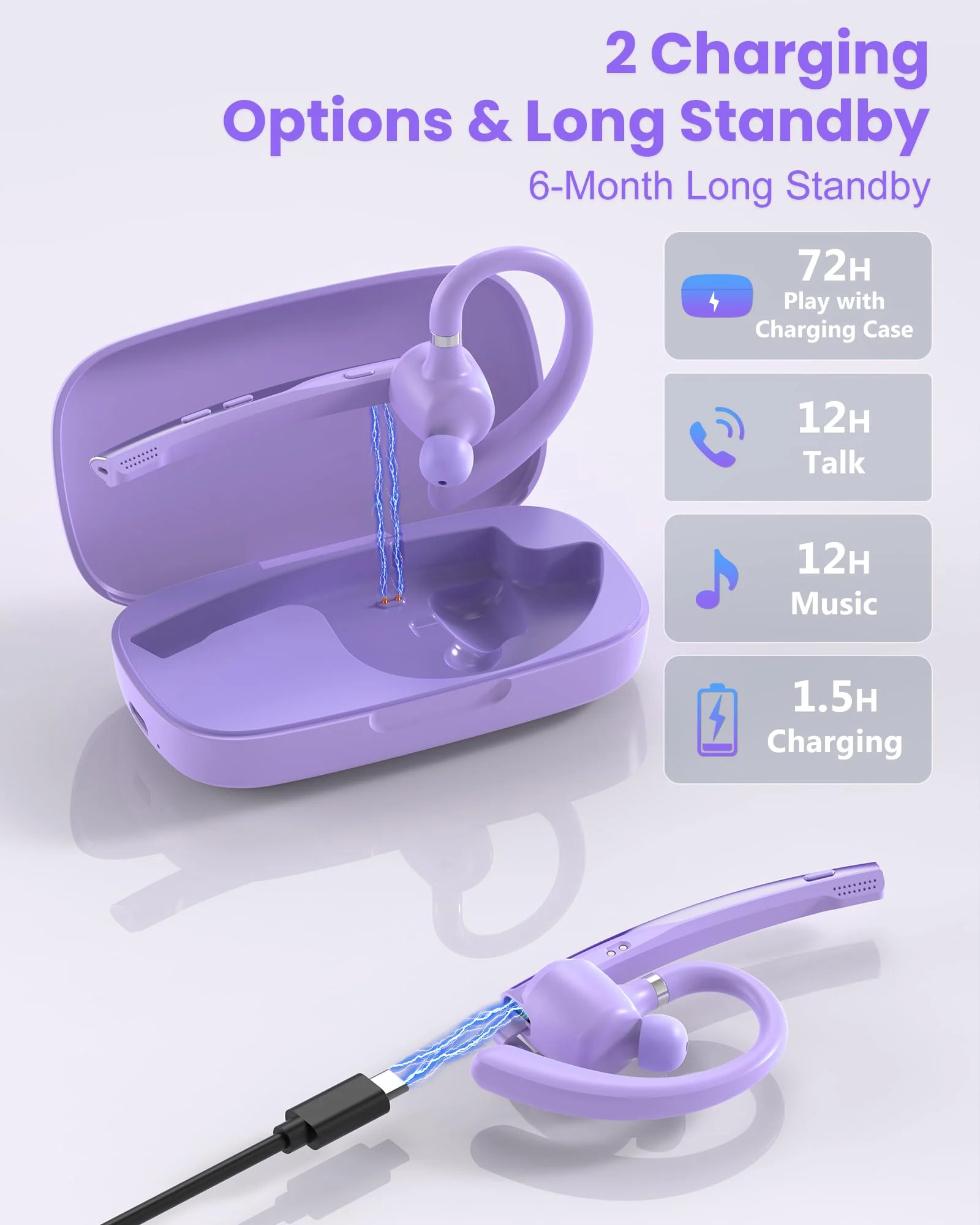 New Bee Bluetooth Headset V5.1 72H Talk Dual Mic with Mute Button for Business, Wireless Hand-Free Bluetooth Earpiece with 500mAh Charging Case for Cell Phone Calls Trucker Driver Purple M54 - Image 5