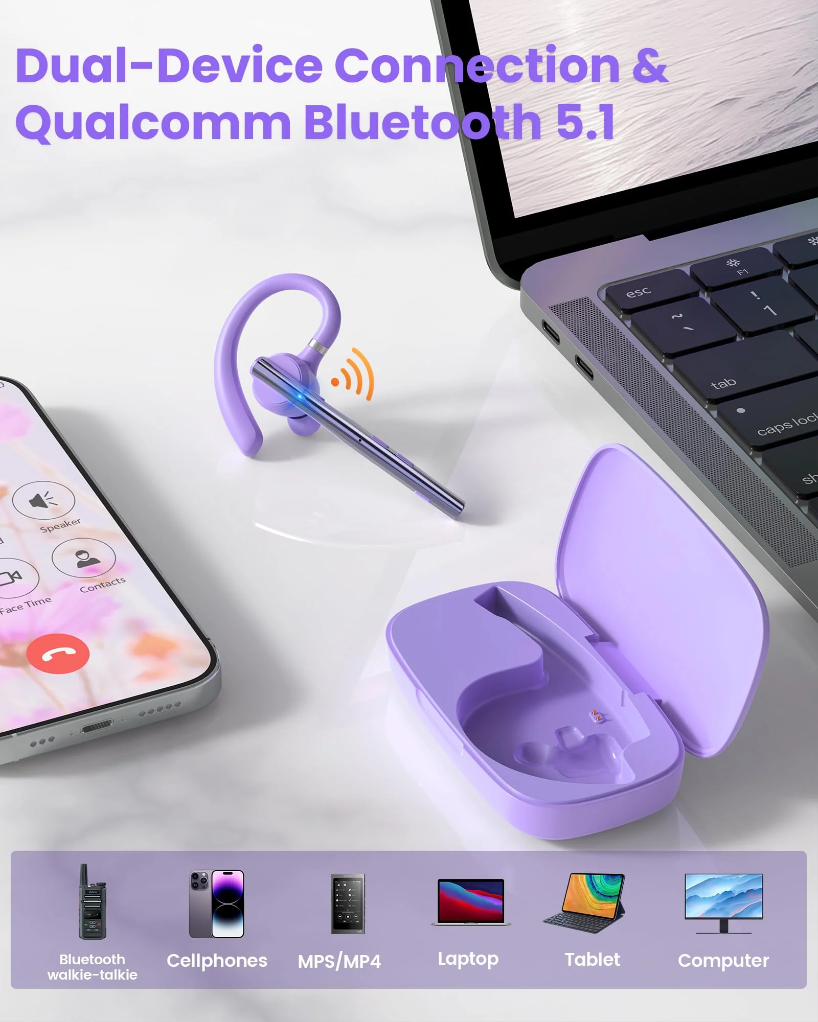 New Bee Bluetooth Headset V5.1 72H Talk Dual Mic with Mute Button for Business, Wireless Hand-Free Bluetooth Earpiece with 500mAh Charging Case for Cell Phone Calls Trucker Driver Purple M54 - Image 6