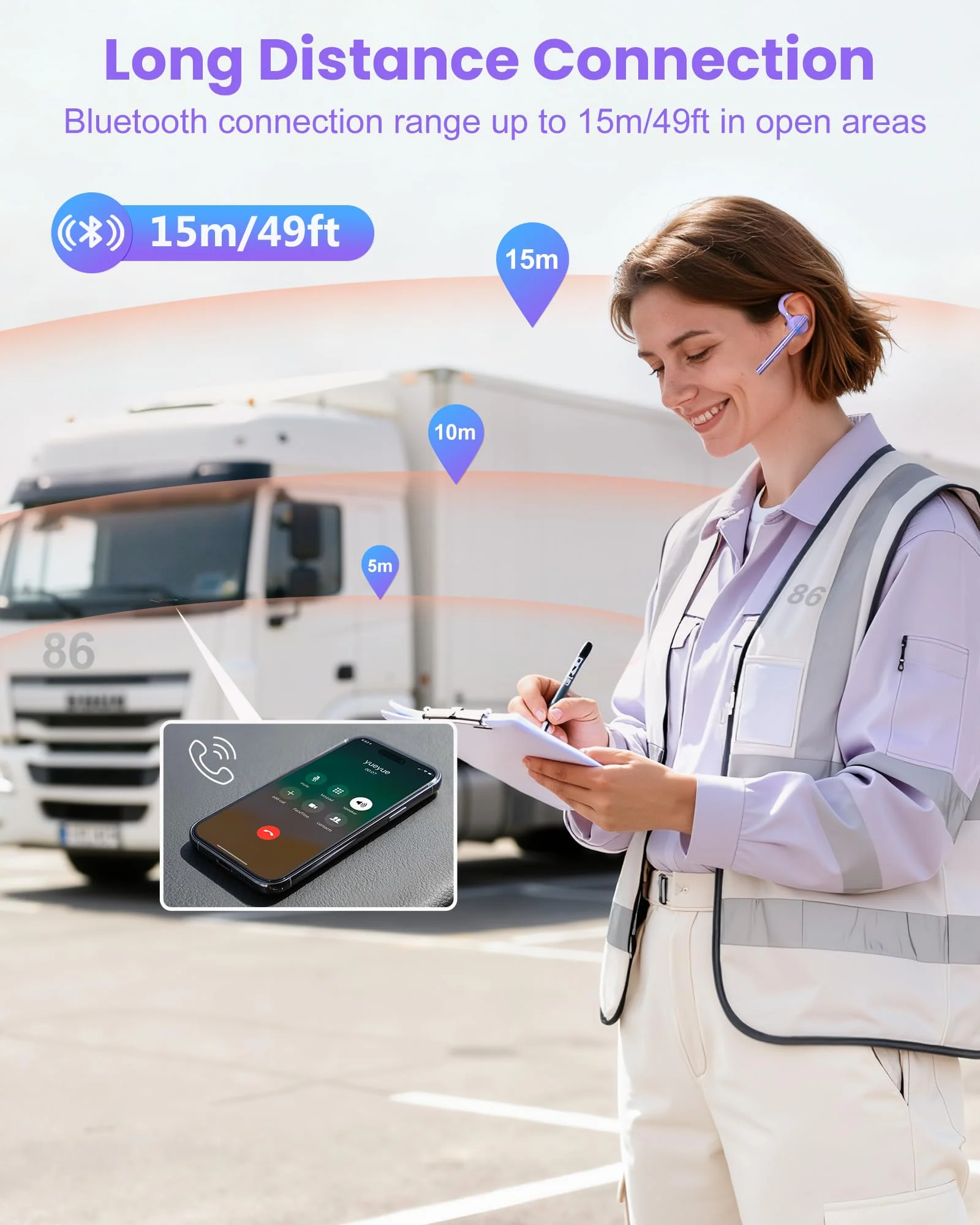 New Bee Bluetooth Headset V5.1 72H Talk Dual Mic with Mute Button for Business, Wireless Hand-Free Bluetooth Earpiece with 500mAh Charging Case for Cell Phone Calls Trucker Driver Purple M54 - Image 7