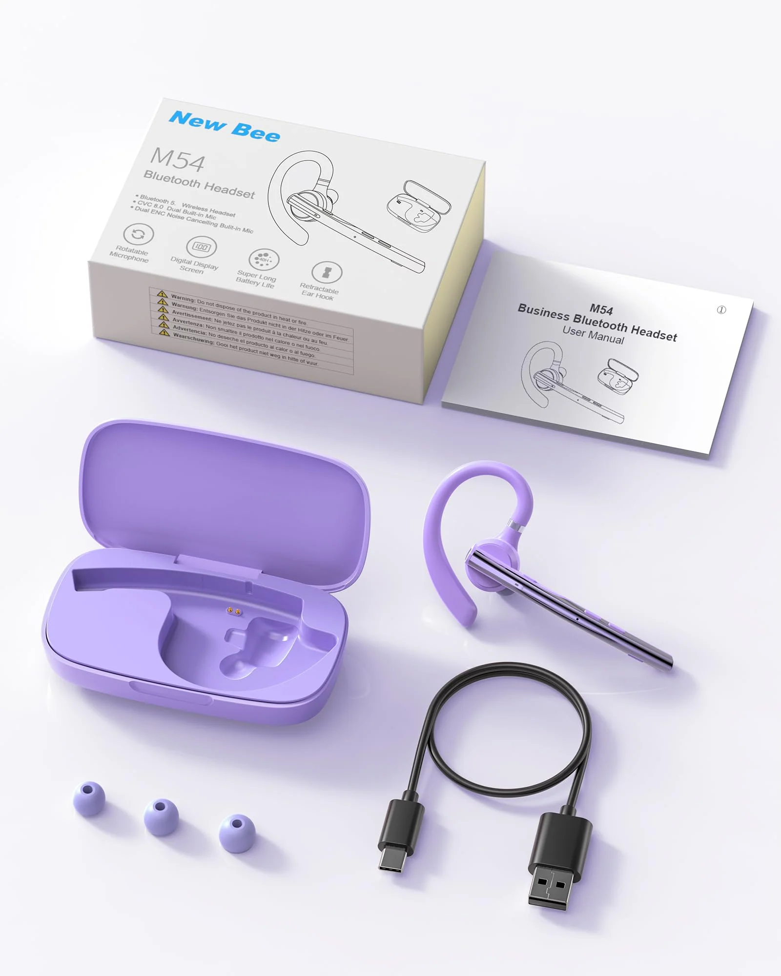 New Bee Bluetooth Headset V5.1 72H Talk Dual Mic with Mute Button for Business, Wireless Hand-Free Bluetooth Earpiece with 500mAh Charging Case for Cell Phone Calls Trucker Driver Purple M54 - Image 8