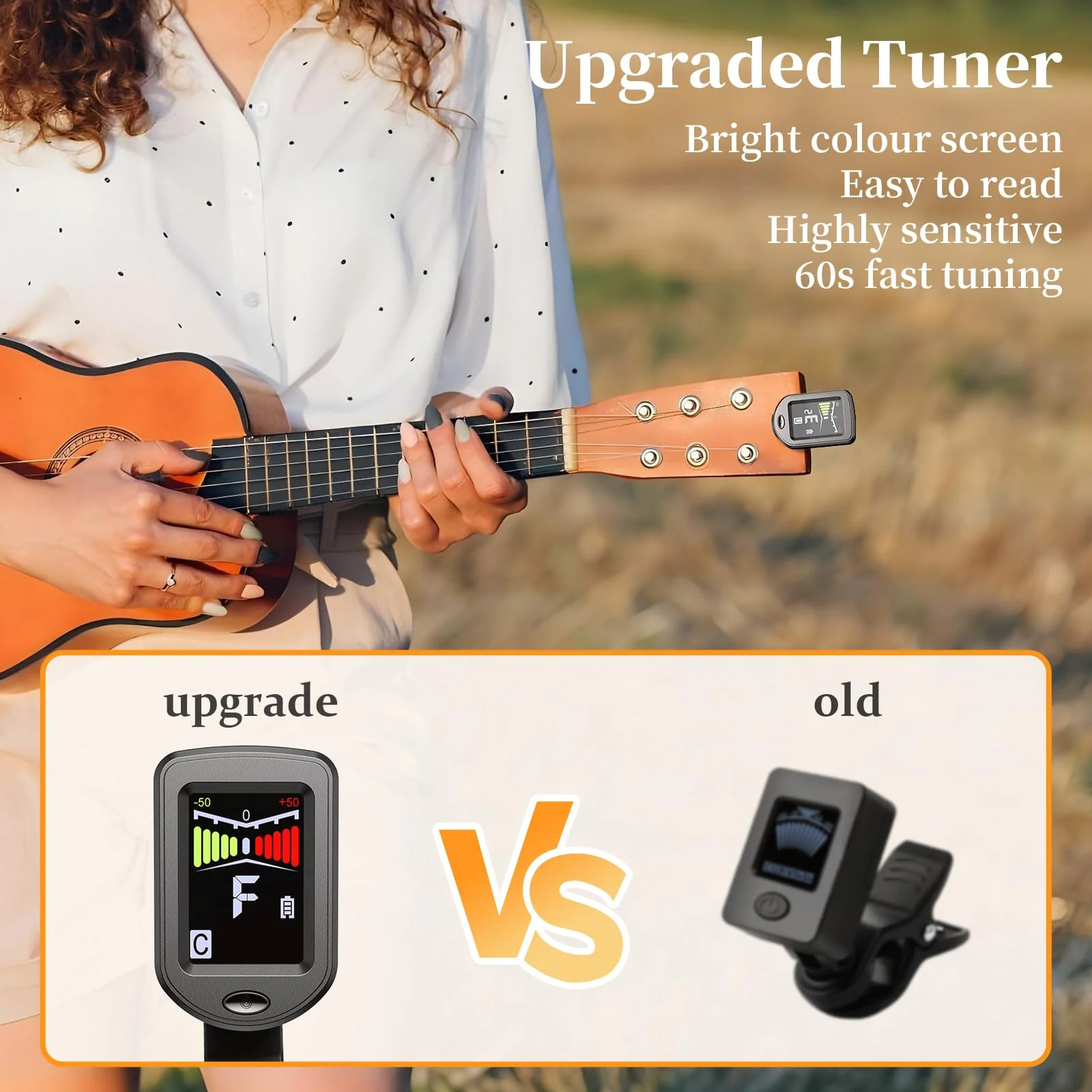 New Bee Clip-On Guitar Tuner Rechargeable with Color Screen 360° Rotatable Chromatic Tuner for Guitar, Bass, Ukulele, Violin (Black, 2 Pack) Black - Image 2