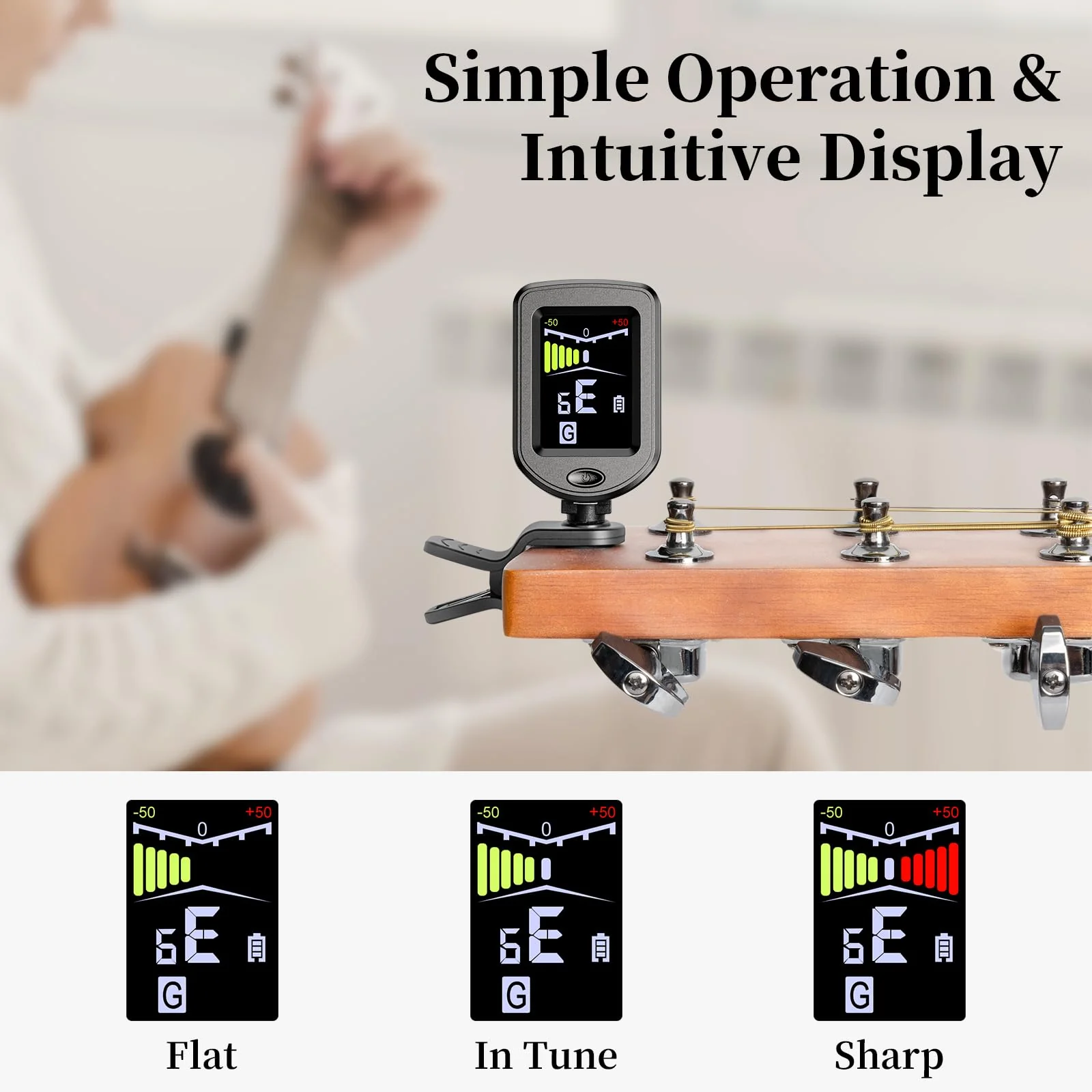 New Bee Clip-On Guitar Tuner Rechargeable with Color Screen 360° Rotatable Chromatic Tuner for Guitar, Bass, Ukulele, Violin (Black, 2 Pack) Black - Image 3