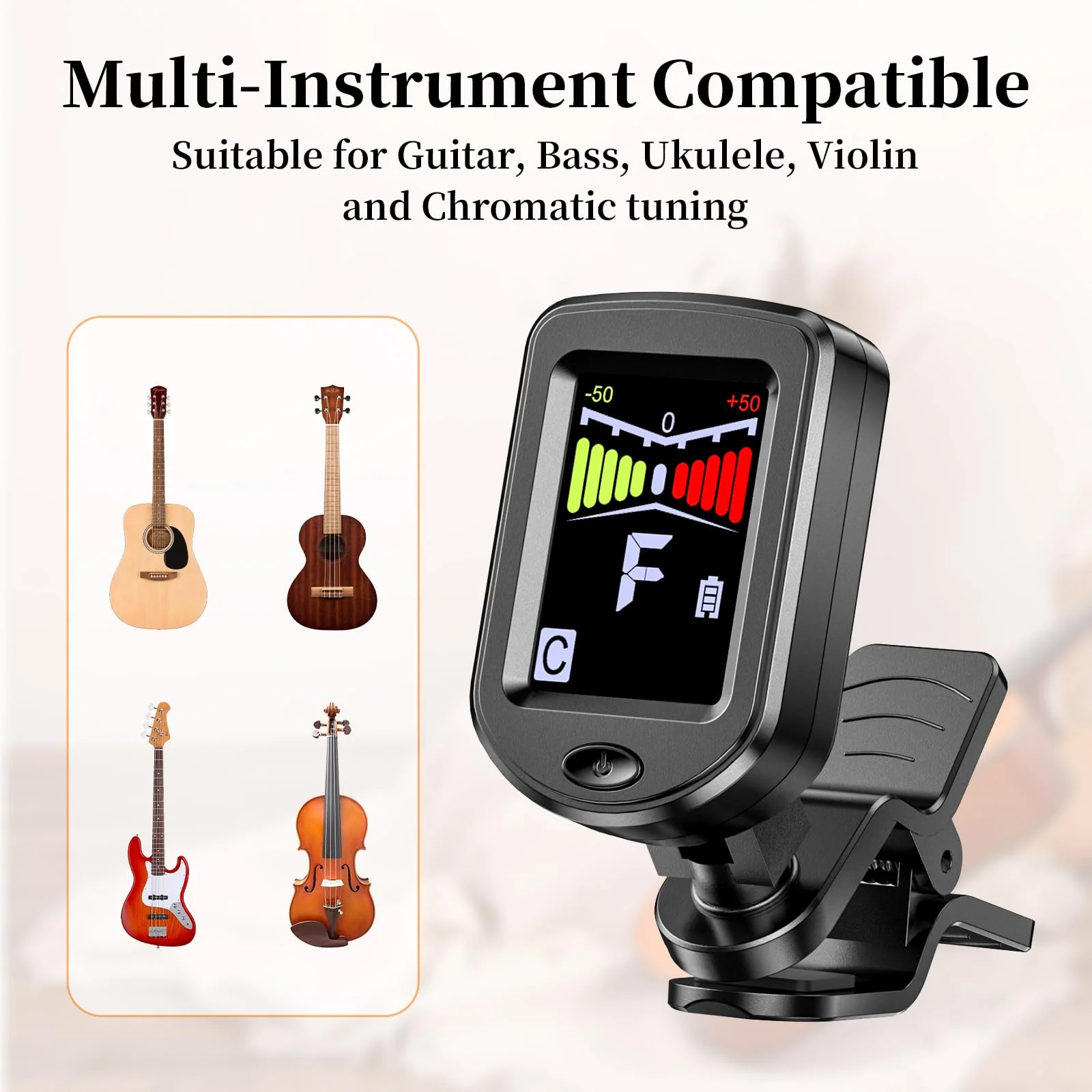 New Bee Clip-On Guitar Tuner Rechargeable with Color Screen 360° Rotatable Chromatic Tuner for Guitar, Bass, Ukulele, Violin (Black, 2 Pack) Black - Image 4