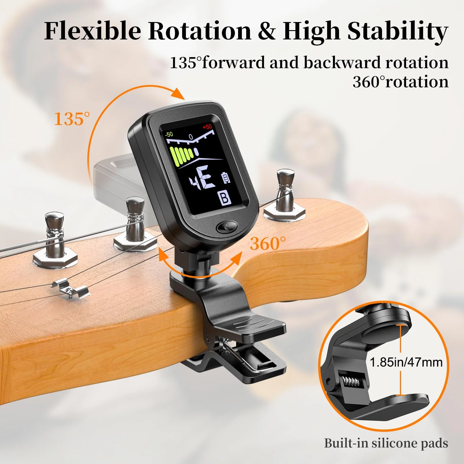 New Bee Clip-On Guitar Tuner Rechargeable with Color Screen 360° Rotatable Chromatic Tuner for Guitar, Bass, Ukulele, Violin (Black, 2 Pack) Black - Image 5