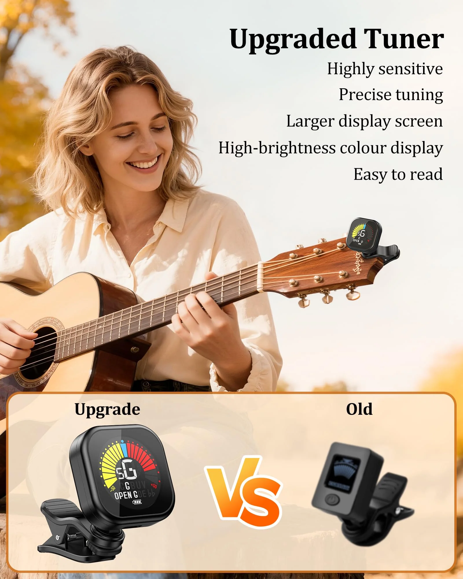 New Bee Guitar Tuner Clip-On Rechargeable with Color Screen 360° Rotatable Acoustic Chromatic Open Tuning for Guitar, Bass, Ukulele, Violin, Cello(Black, 1 Pack) Black - Image 2