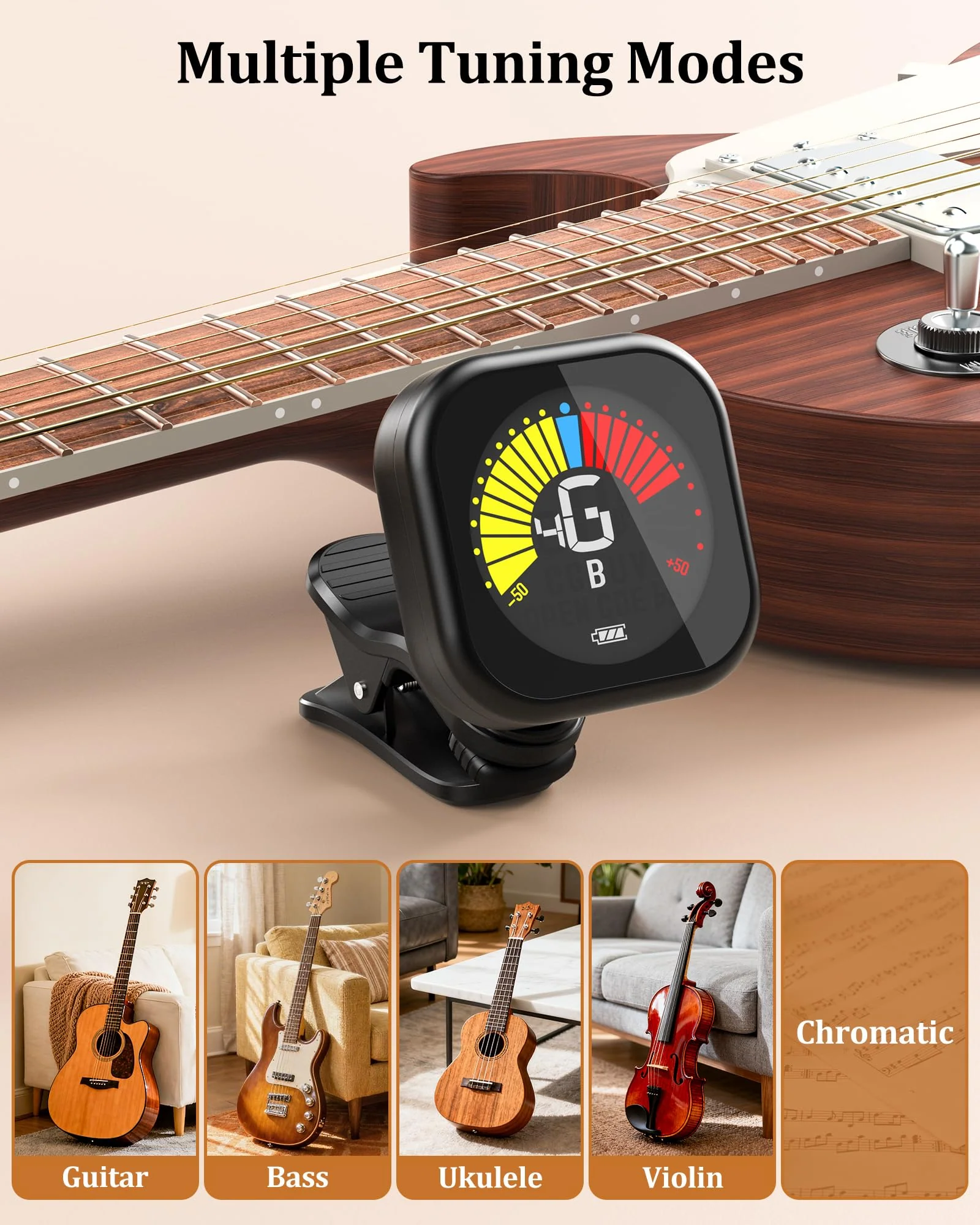 New Bee Guitar Tuner Clip-On Rechargeable with Color Screen 360° Rotatable Acoustic Chromatic Open Tuning for Guitar, Bass, Ukulele, Violin, Cello(Black, 1 Pack) Black - Image 3
