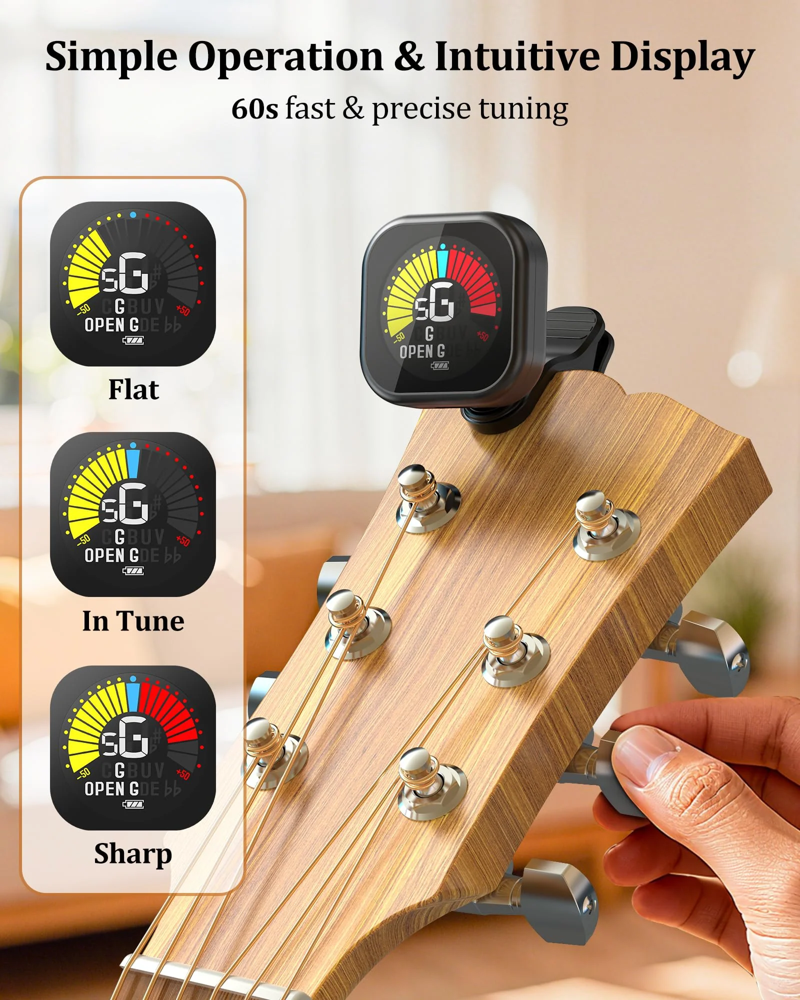New Bee Guitar Tuner Clip-On Rechargeable with Color Screen 360° Rotatable Acoustic Chromatic Open Tuning for Guitar, Bass, Ukulele, Violin, Cello(Black, 1 Pack) Black - Image 4
