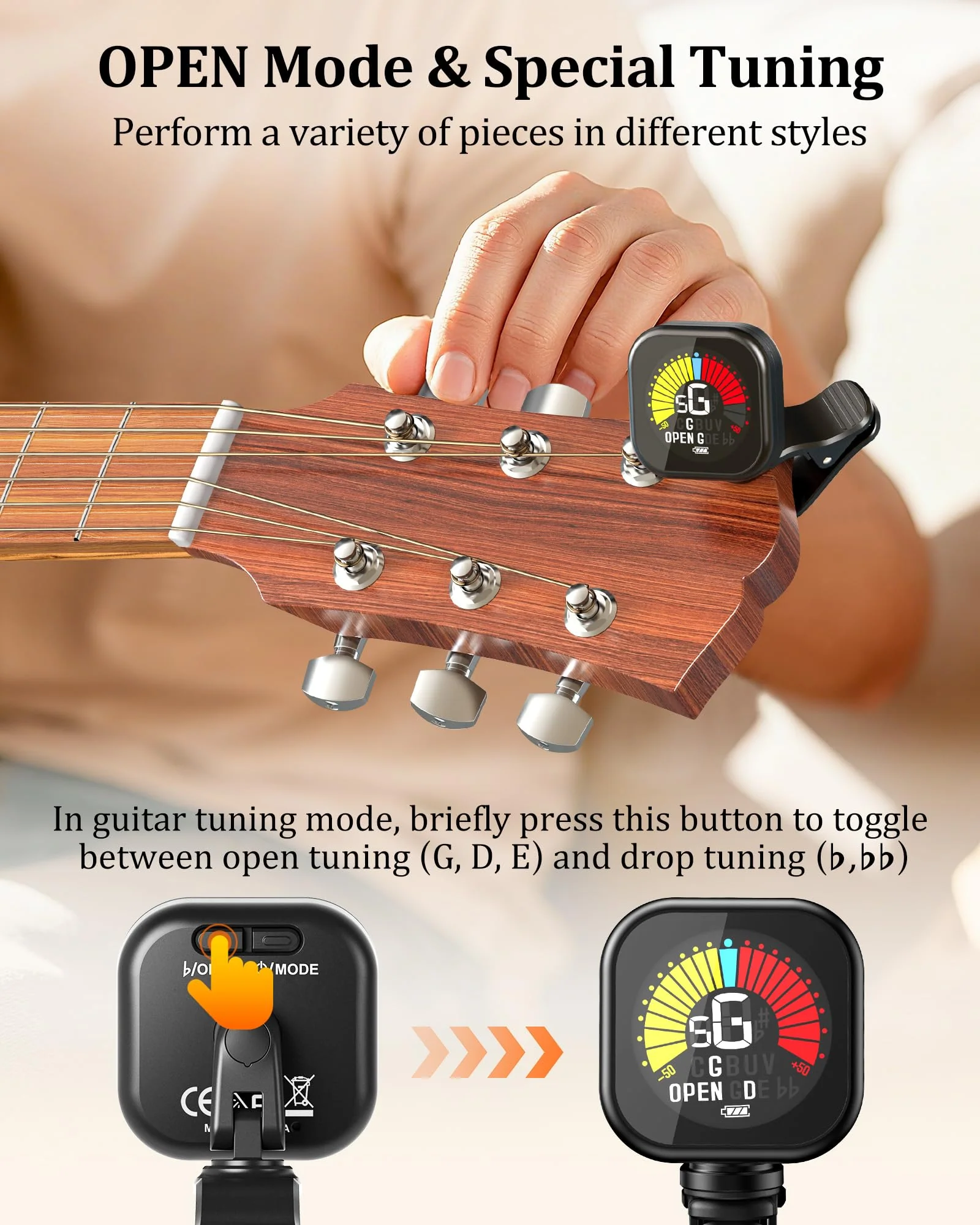 New Bee Guitar Tuner Clip-On Rechargeable with Color Screen 360° Rotatable Acoustic Chromatic Open Tuning for Guitar, Bass, Ukulele, Violin, Cello(Black, 1 Pack) Black - Image 5