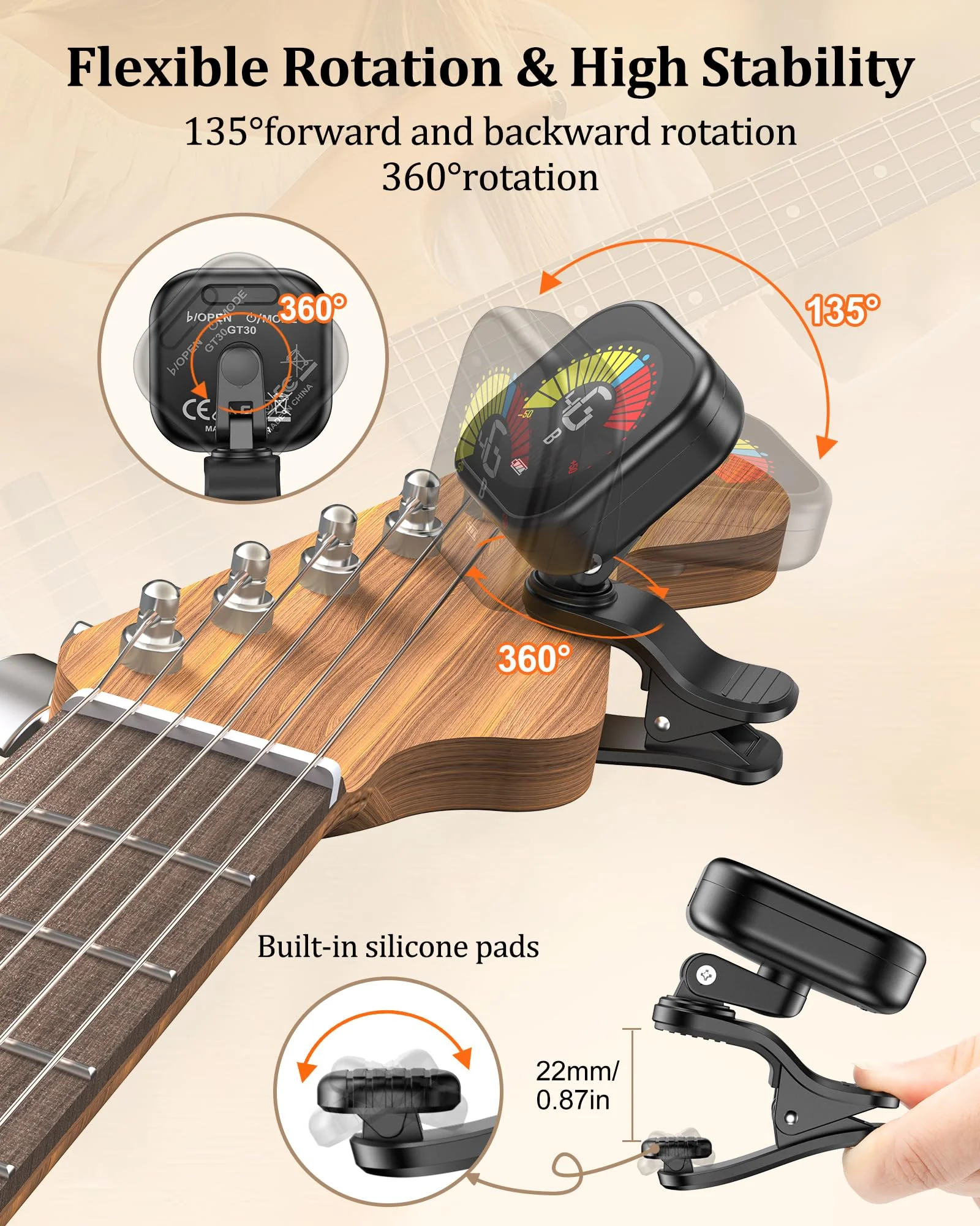 New Bee Guitar Tuner Clip-On Rechargeable with Color Screen 360° Rotatable Acoustic Chromatic Open Tuning for Guitar, Bass, Ukulele, Violin, Cello(Black, 1 Pack) Black - Image 6
