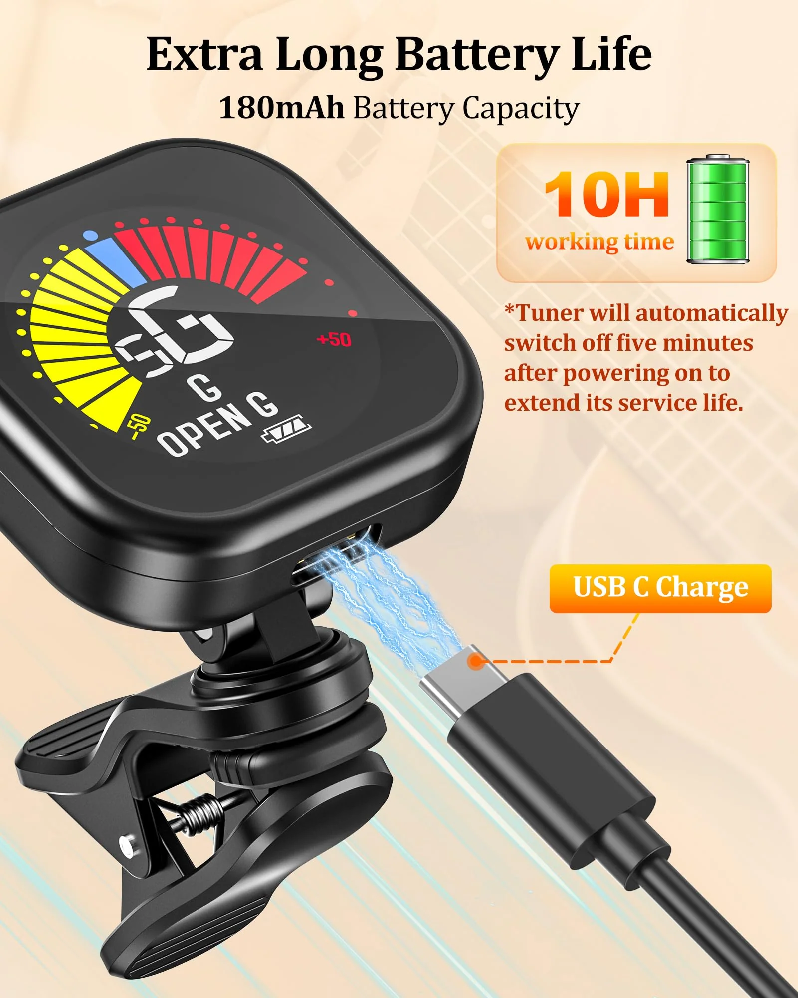 New Bee Guitar Tuner Clip-On Rechargeable with Color Screen 360° Rotatable Acoustic Chromatic Open Tuning for Guitar, Bass, Ukulele, Violin, Cello(Black, 1 Pack) Black - Image 7