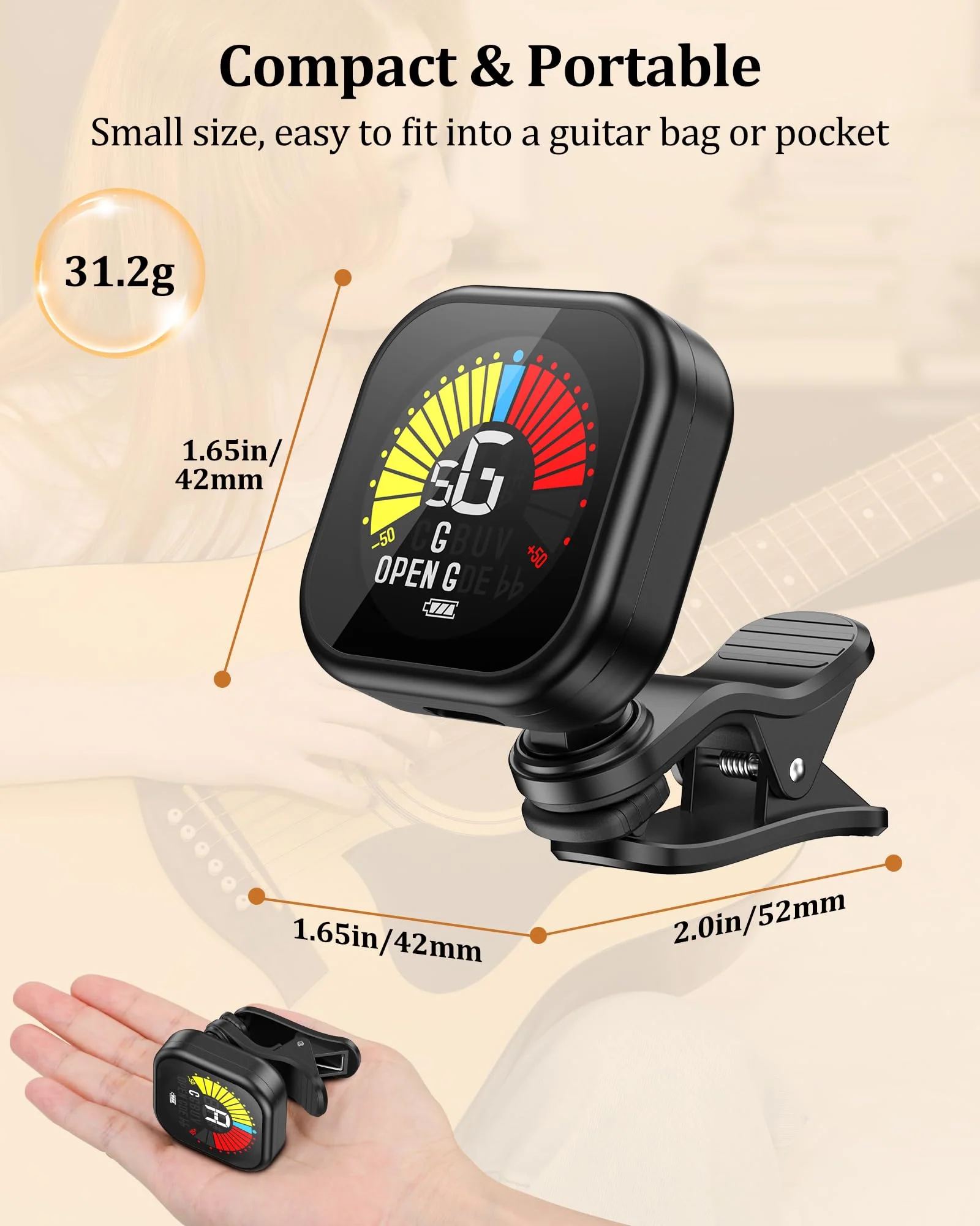 New Bee Guitar Tuner Clip-On Rechargeable with Color Screen 360° Rotatable Acoustic Chromatic Open Tuning for Guitar, Bass, Ukulele, Violin, Cello(Black, 1 Pack) Black - Image 8