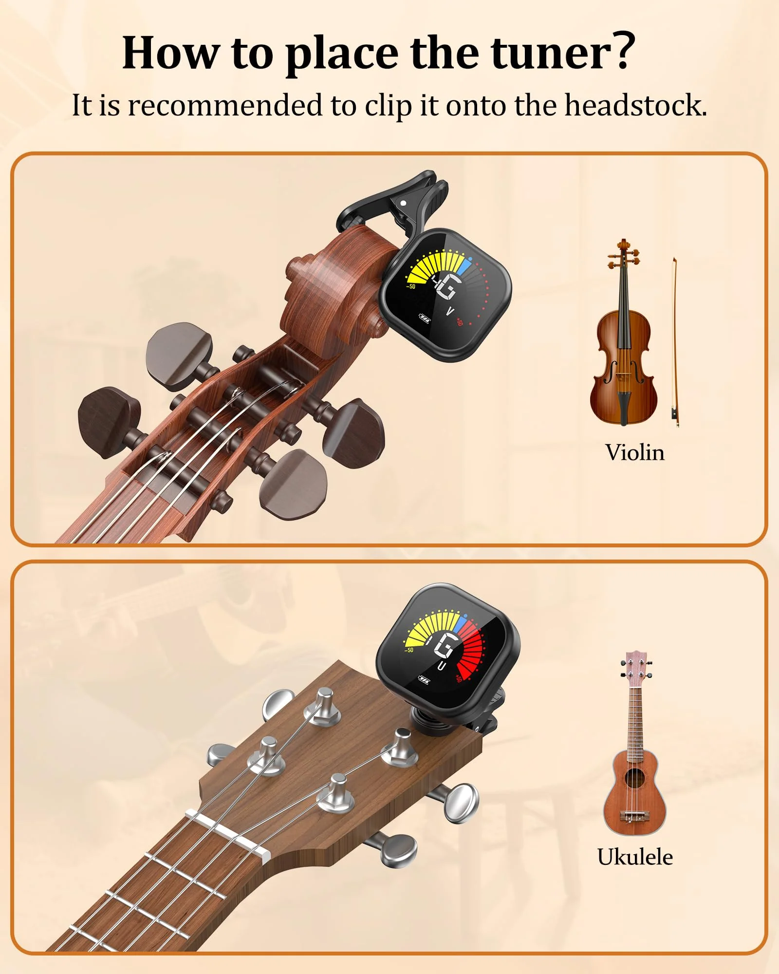 New Bee Guitar Tuner Clip-On Rechargeable with Color Screen 360° Rotatable Acoustic Chromatic Open Tuning for Guitar, Bass, Ukulele, Violin, Cello(Black, 1 Pack) Black - Image 9