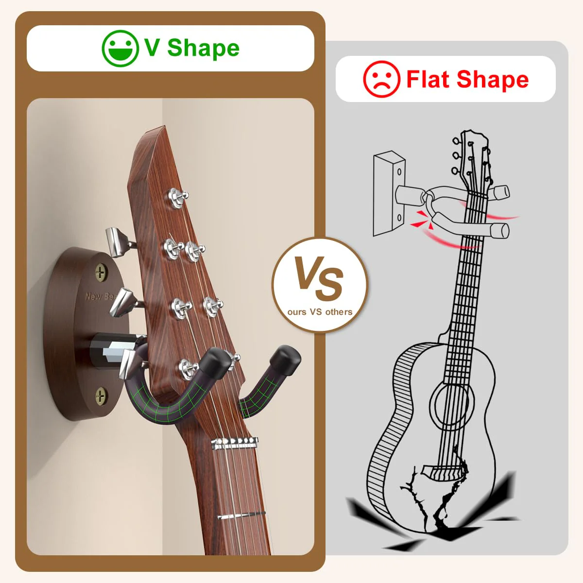 New bee Guitar Wall Mount, Guitar Hanger Wall Hook Holder Stand Bracket with Screw Fits All Size Ukulele Bass Mandolin Banjo 3PCS Brown - Image 3