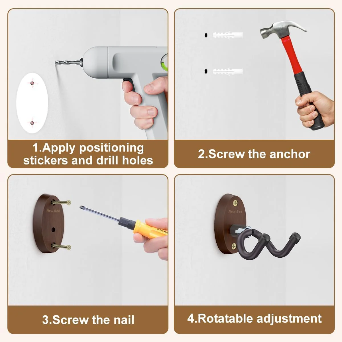 New bee Guitar Wall Mount, Guitar Hanger Wall Hook Holder Stand Bracket with Screw Fits All Size Ukulele Bass Mandolin Banjo 3PCS Brown - Image 7