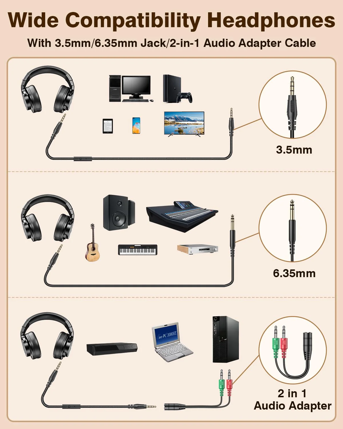 New bee Studio Headphones, DJ Headphones with 50mm Drivers and 6.35mm & 3.5mm Jack for Studio Monitor & Mixing DJ Guitar AMP Podcast Piano Keyboard - Image 3
