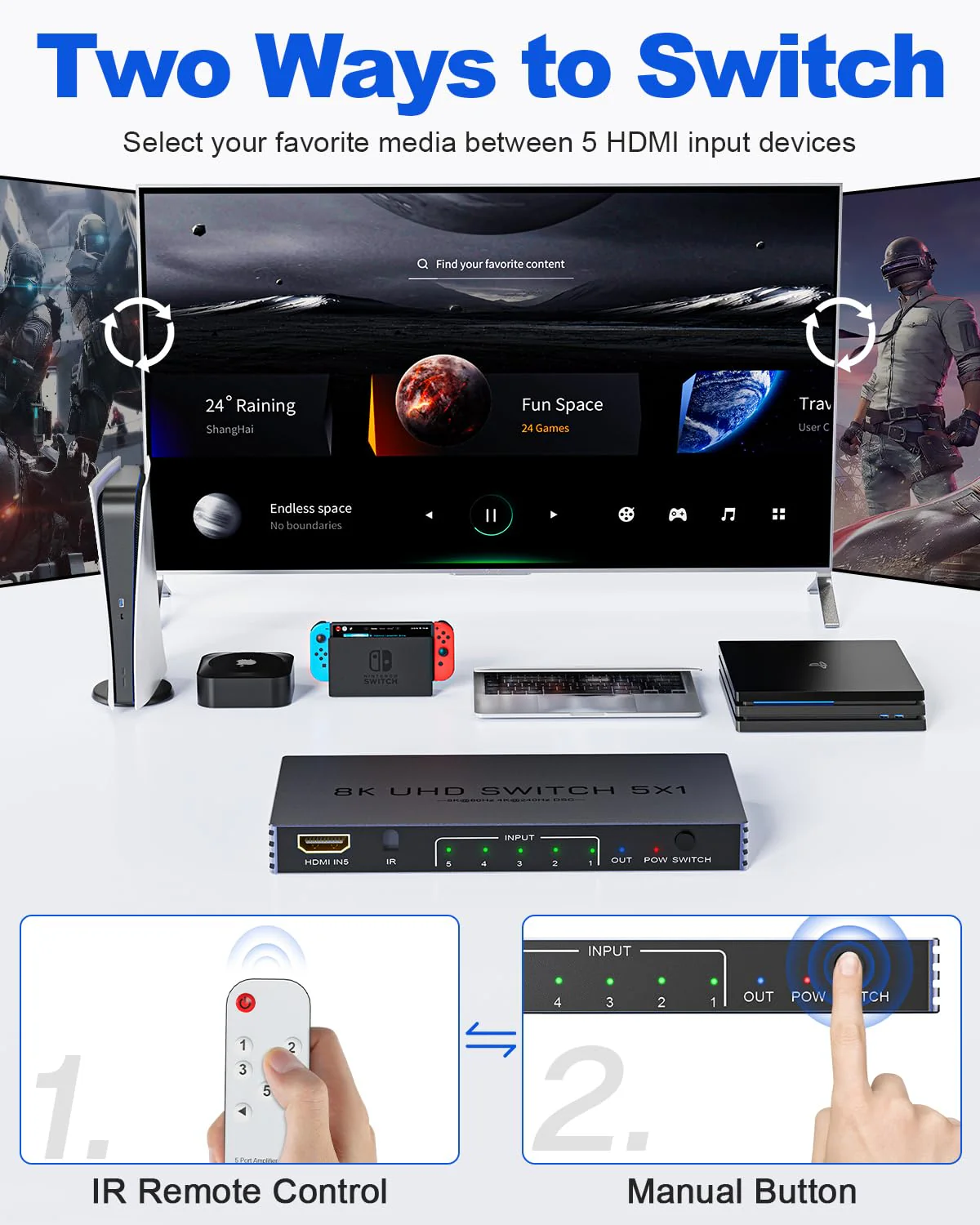 New Upgrade 8K HDMI Switch 5 in 1 Out, Hdmi Splitter with Remote 5 Port Switcher Selector Box Support 3D//HDR/HDCP2.3, HDMI 2.1 Switch Box Compatible with PS 5/4/3 Xbox Switch DVD Player TV PC - Image 7